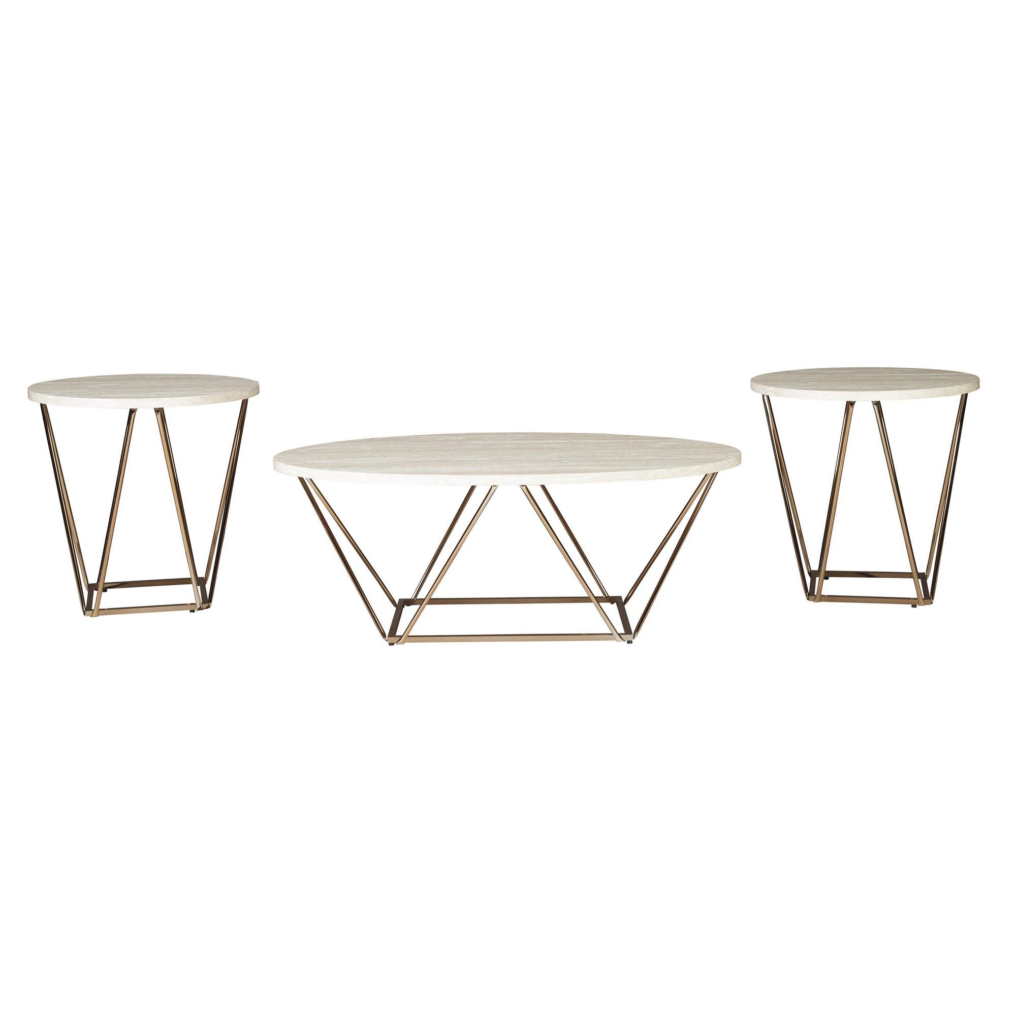 Benjara Faux Marble Coffee Table Set - White & Gold End Tables (3-Piece Living Room Furniture) | Modern Console Tables for Living Spaces, Home Decor & Office Use