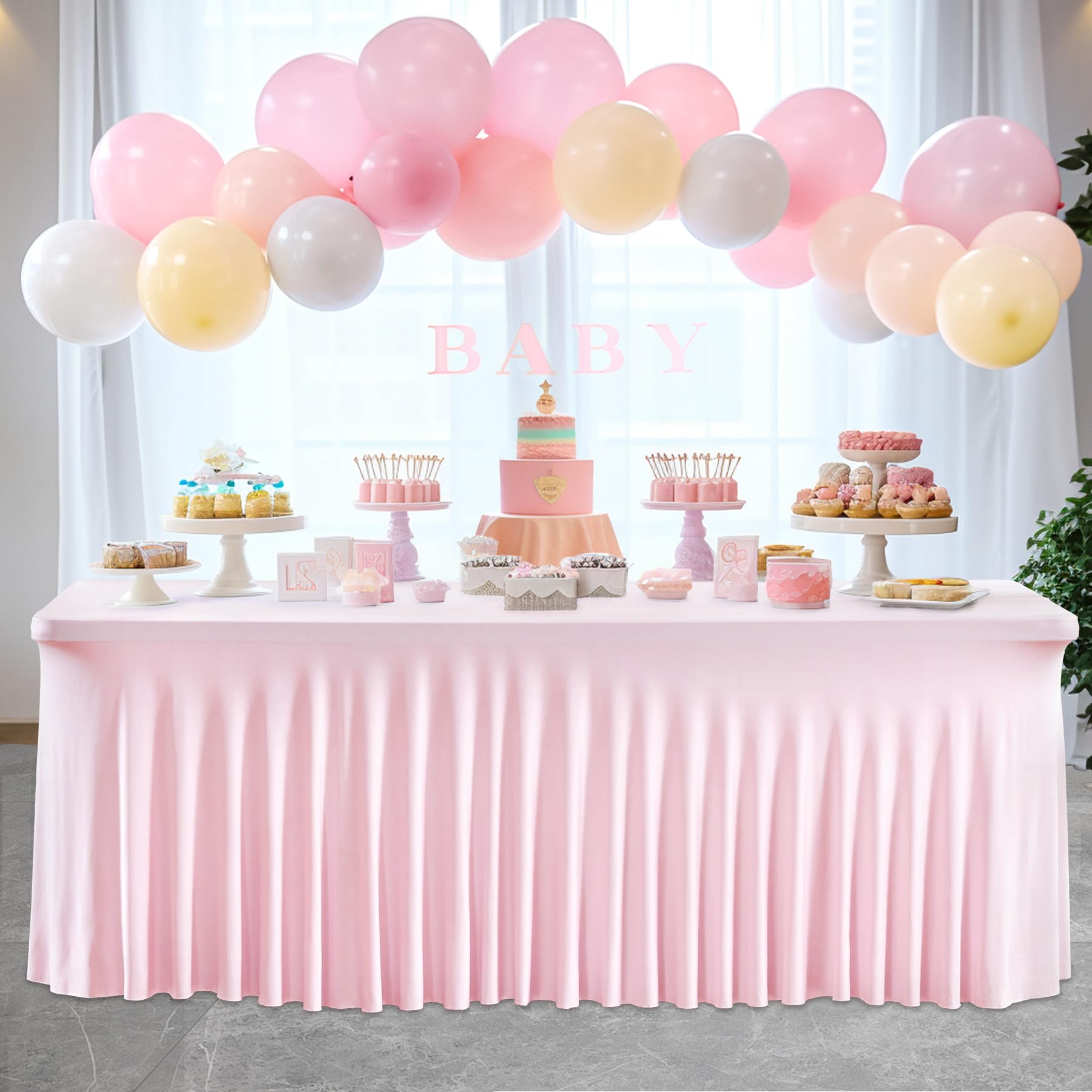 Pink Spandex Table Skirt for 4ft Rectangle Folding Tables - Stretchable Table Cover with Elastic Hem for Banquets, Weddings & Party Decorations