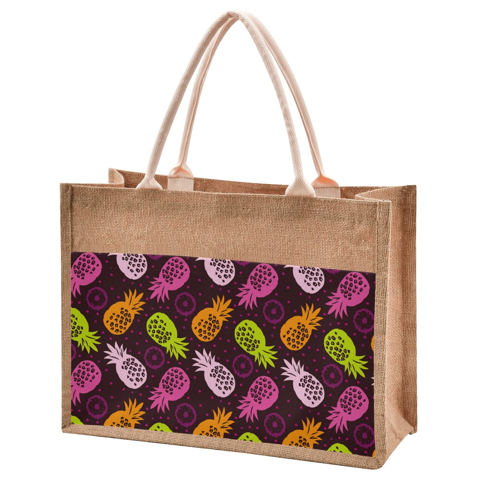 Eco-Friendly Pineapple & Slice Neon Jute Tote Bag - Reusable Burlap Straw Beach Bag for Shopping, Groceries & Wedding Gifts | Perfect for Beach Outings, Farmers Markets & Summer Parties