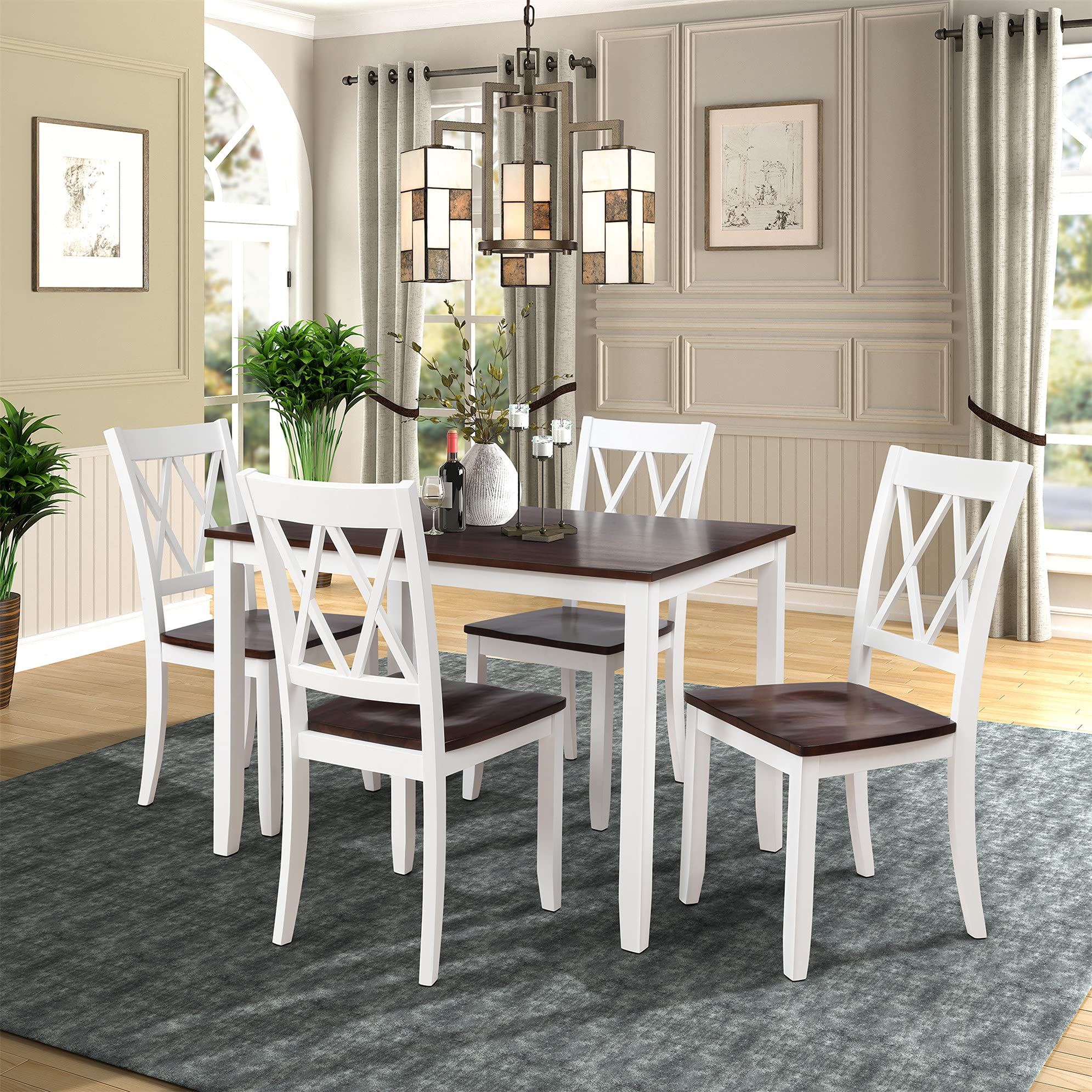 5-Piece Wooden Dining Table Set with 1 Rectangular Table & 4 Chairs - White & Cherry Finish - Perfect for Kitchen, Dining Room & Small Space Gatherings