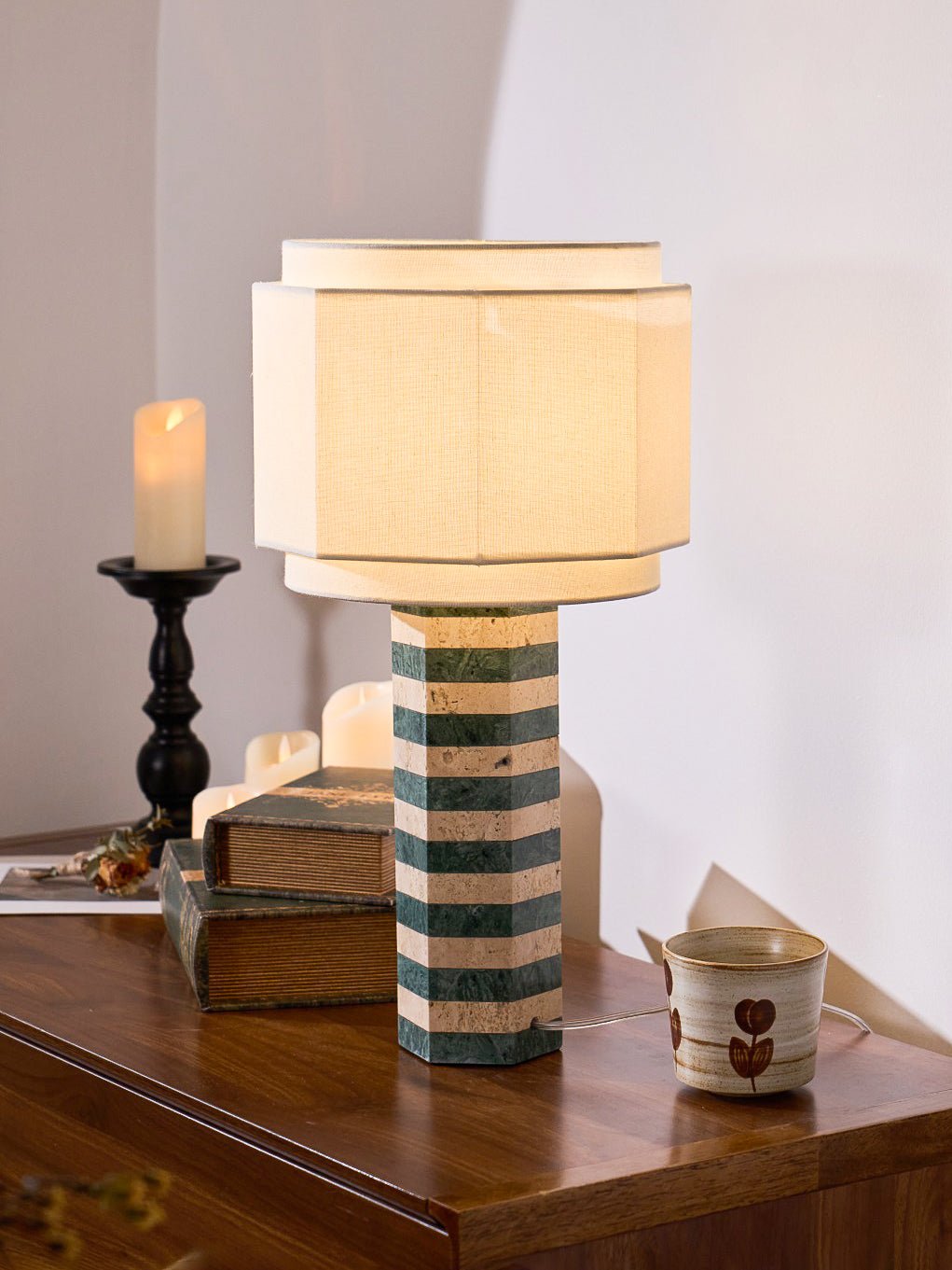 Modari Striped Stone Table Lamp - Modern Decorative Lighting for Living Room, Bedroom & Office - Dimmable LED Desk Lamp with Natural Stone Base