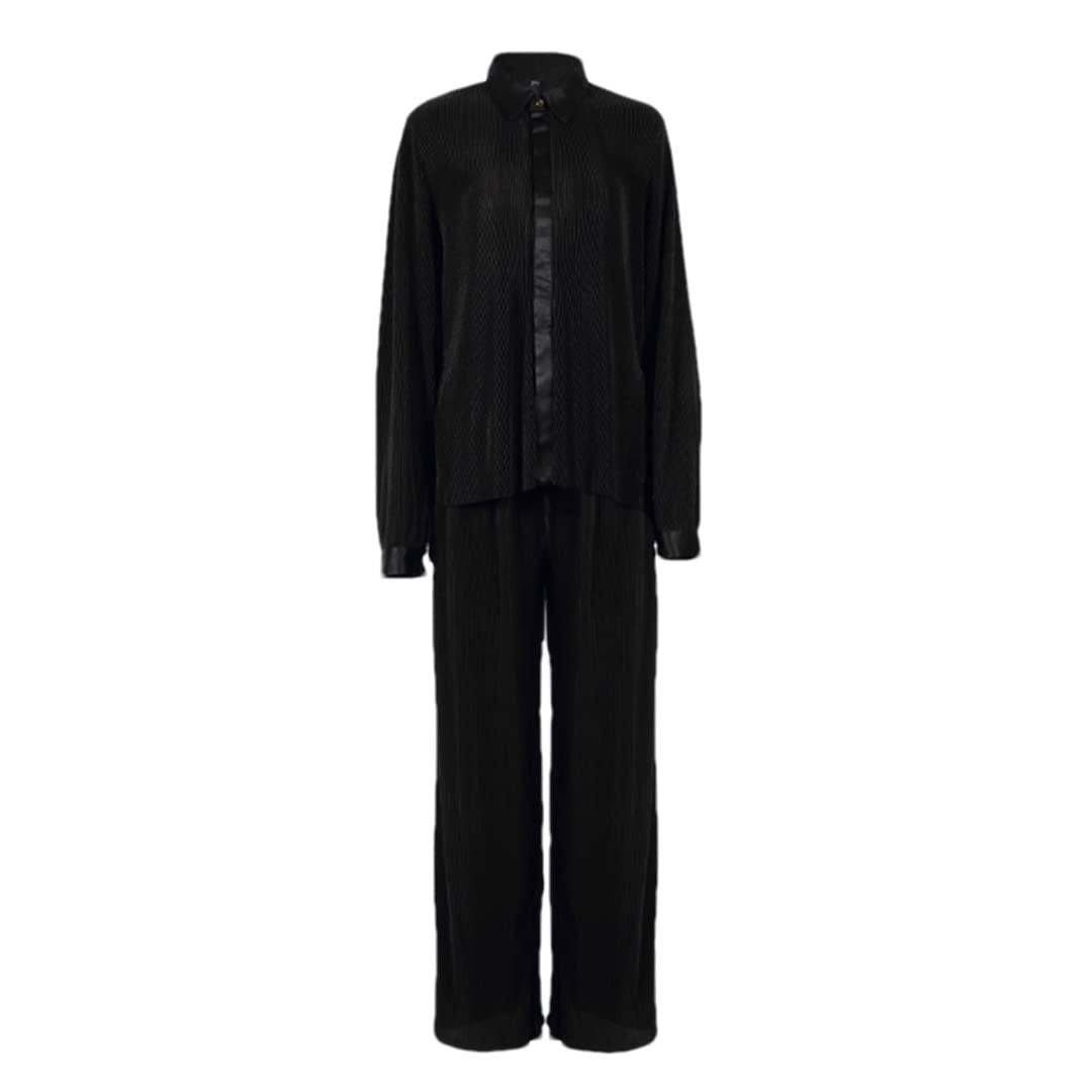 Women's Elastic High Waist Ruched Palazzo Pants with Loose Blouse Set - Comfortable Oversized Pants Outfit for Casual Wear, Office, and Travel