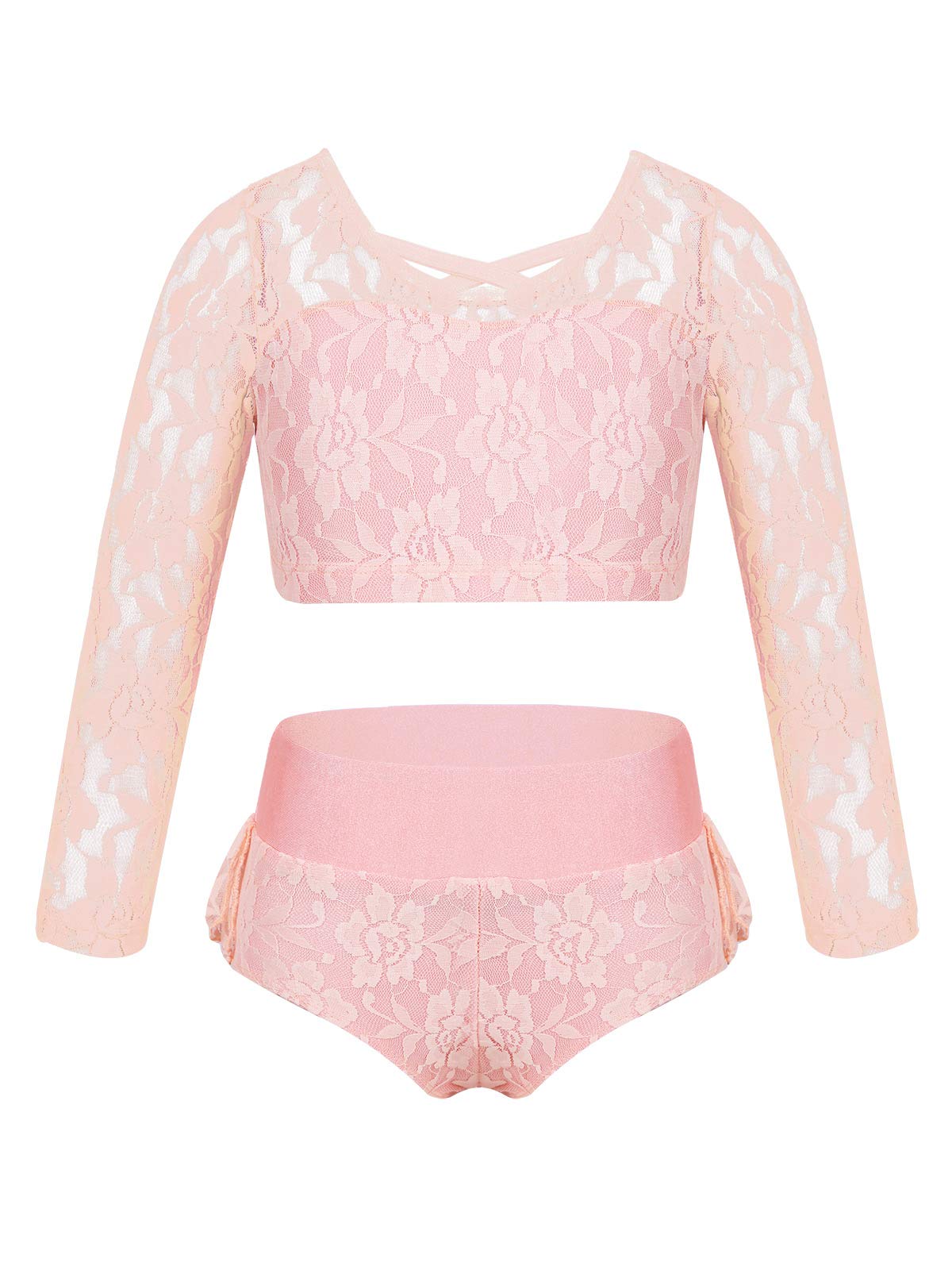 ACSUSS Girls 2-Piece Floral Lace Dance Outfit - Ballet & Gymnastics Leotard Set for Stage Performance, Recital, Competition & Practice