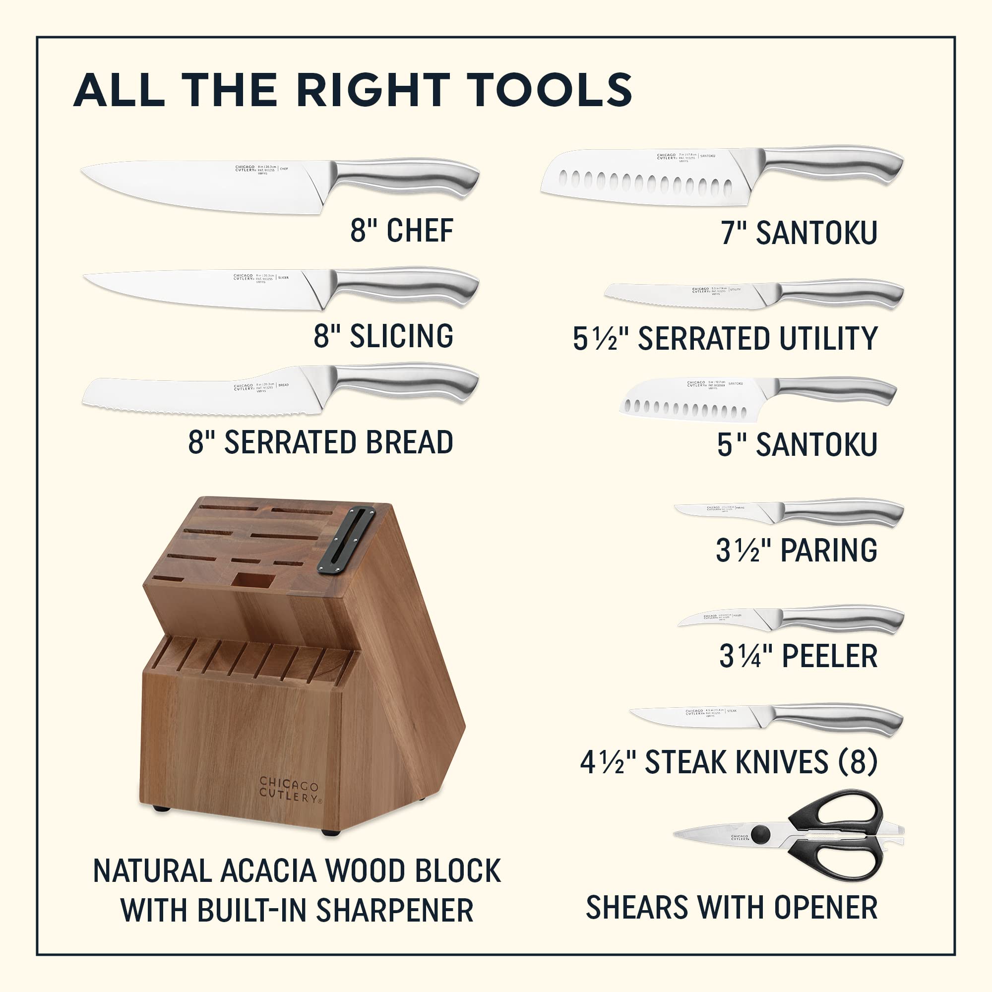Chicago Cutlery Insignia 18-Piece Stainless Steel Professional Knife Block Set with Built-In Sharpener - Ergonomic Handles, Chef Knives & Scissors with Bottle Opener - Perfect for Home Kitchens, Restaurant Use & Gift Giving
