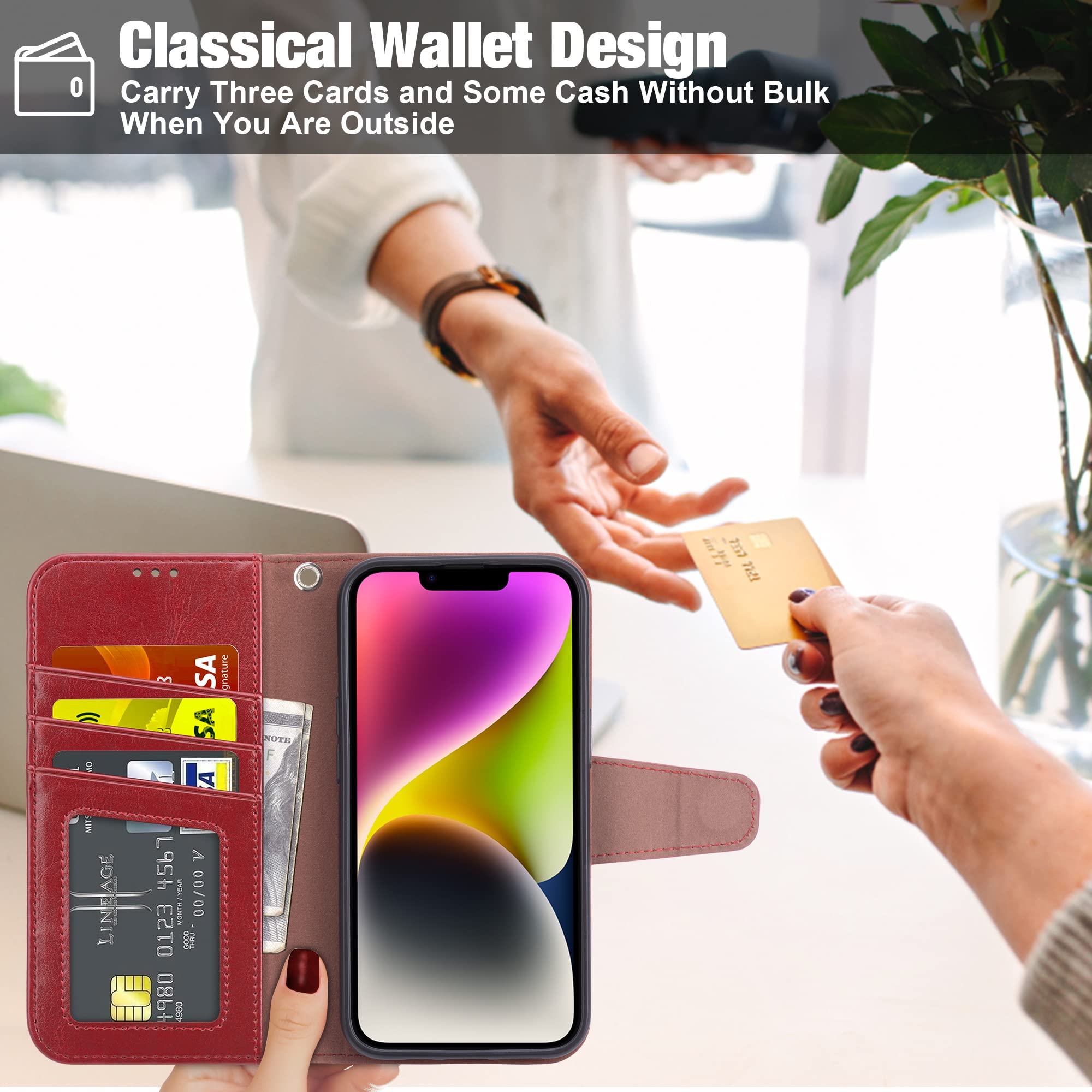 Arae iPhone 14 Wallet Case with Card Holder & Wrist Strap - Flip Cover for iPhone 14 6.1 Inch (Wine Red) - Perfect for Daily Use, Travel, and Hands-Free Convenience