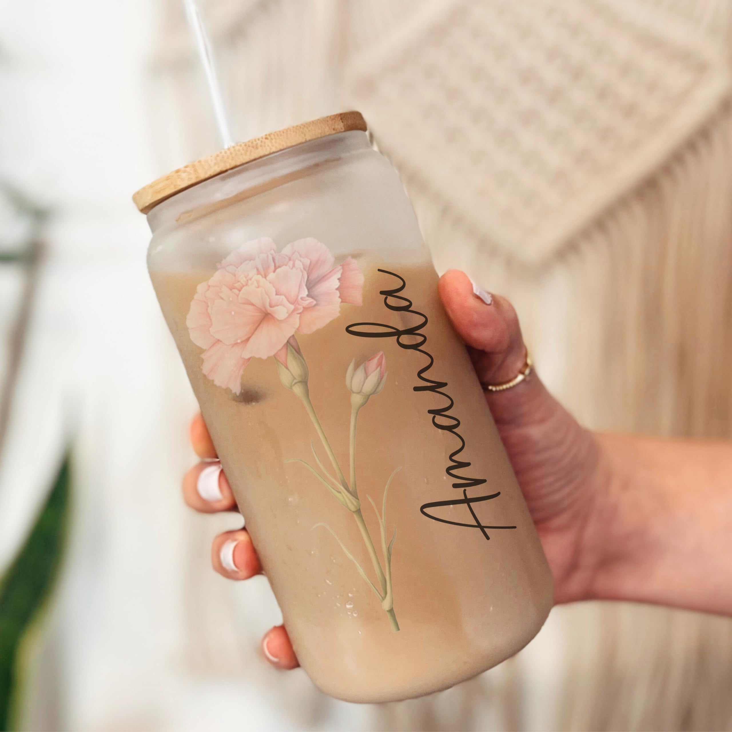 Personalized 16 oz Glass Tumbler with Lid & Straw - Custom Birth Month Flower Design - Iced Coffee Cup with Name Engraving - Unique Bridesmaid Proposal Gift for Women, Mom, Teachers - Perfect for Birthday, Mother's Day & Everyday Use at Home, Office or Travel