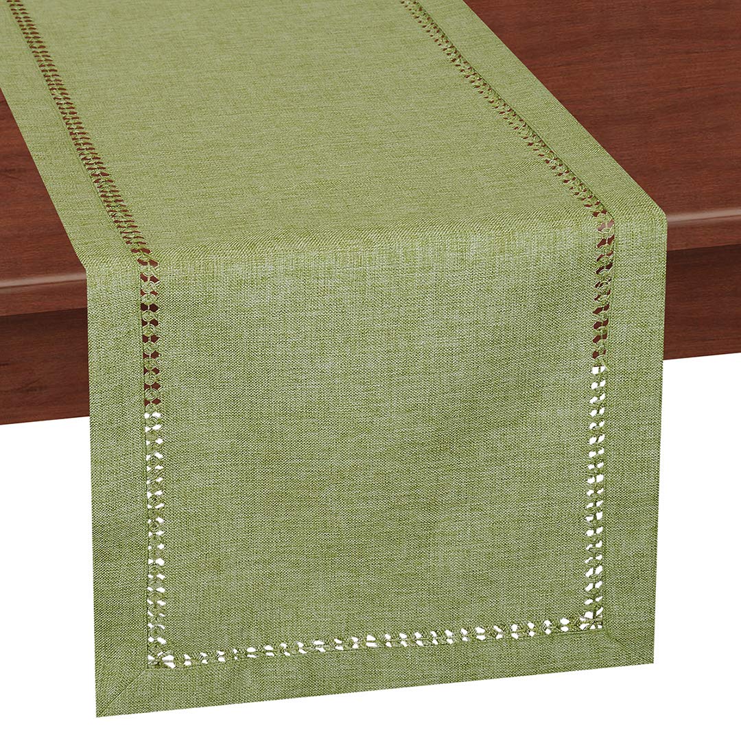 Handmade Solid Sage Green Dining Table Runner - Double-Hemstitched Dresser Scarf 14x36 Inches - Elegant Table Decor for Weddings, Holidays & Home Dining