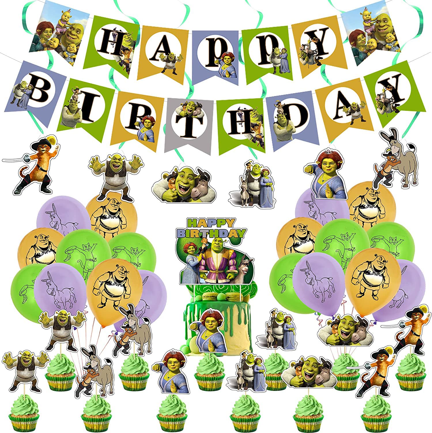 Green Monster Birthday Party Decorations Set - Cartoon Monster Theme Party Supplies for Boys & Girls - Includes Happy Birthday Banner, Cake Topper, Cupcake Toppers, Balloons & Swirls - Perfect for Kids Birthday Parties, Monster-Themed Events & Classroom Celebrations