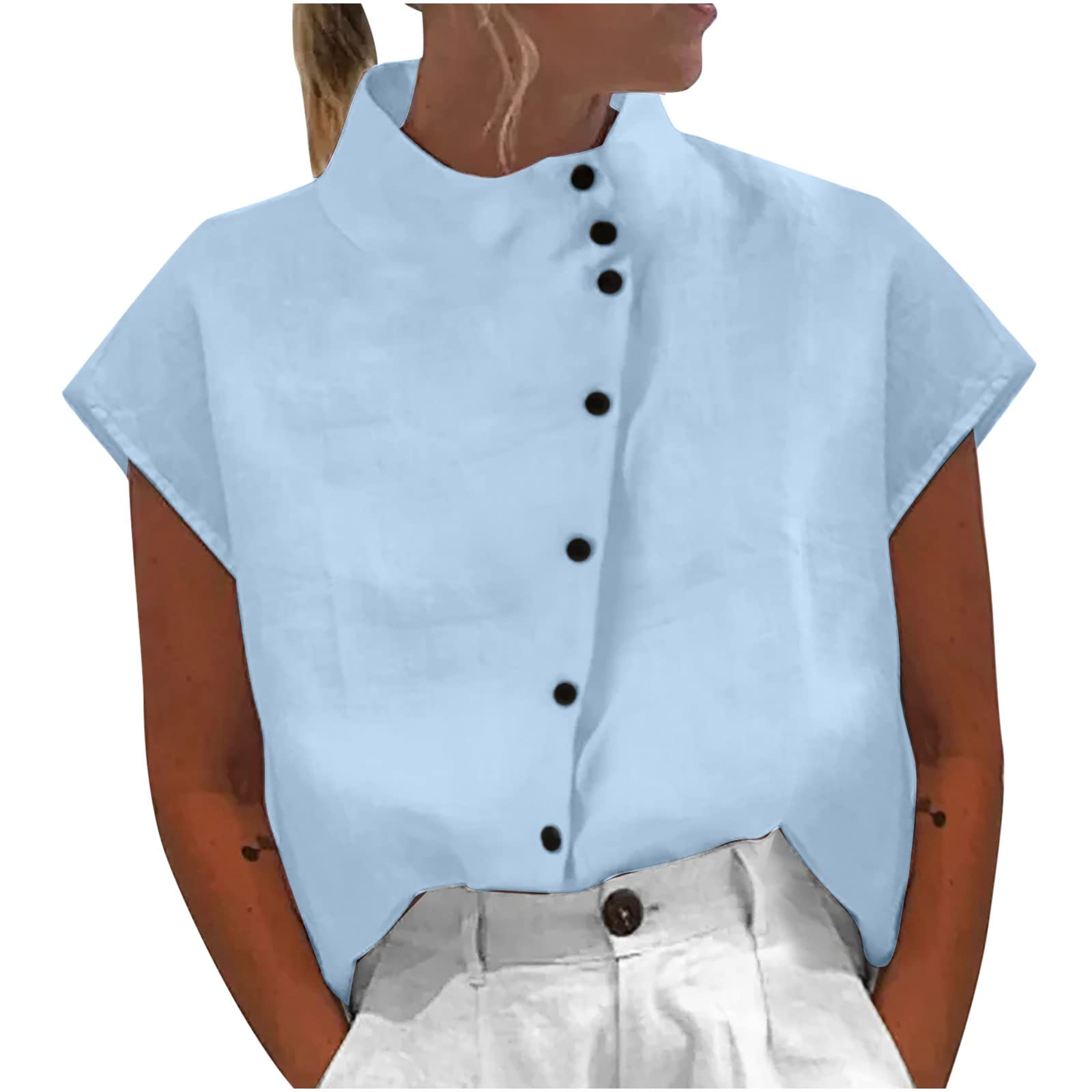 Women's Linen Shirts - Casual Summer Button Down Tops with Stand Collar | Breathable Loose Fit Solid Color Blouse for Beach, Travel & Everyday Wear