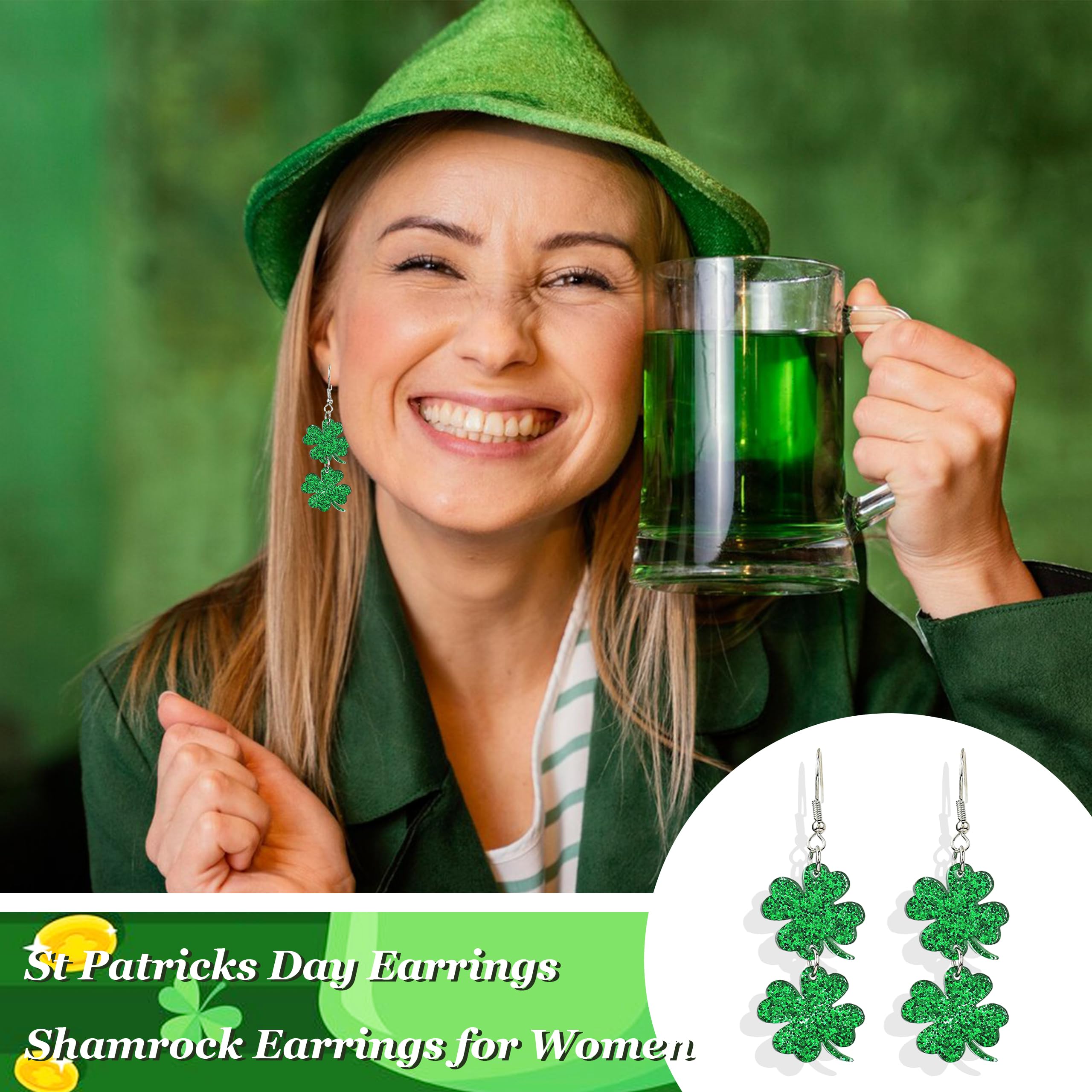 **Lucky Green Shamrock Earrings for Women - Irish Four Leaf Clover Dangle Earrings - St. Patrick's Day Accessories for Outfits & Shirts**    *Perfect for St. Patrick's Day Parties, Irish-Themed Events, and Festive Holiday Outfits!*