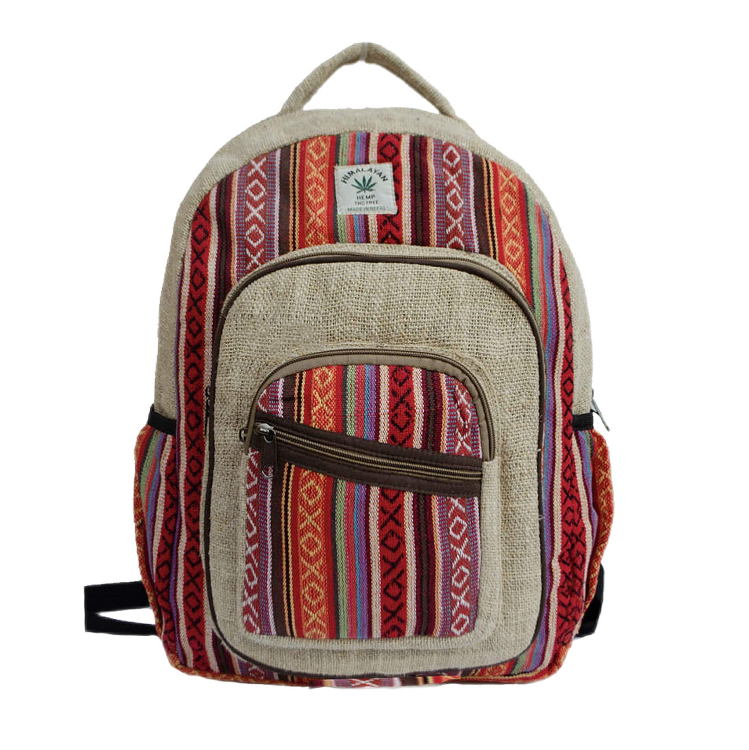Eco-Friendly Handmade Hemp Backpack - Large Boho Laptop Bag with Multiple Pockets | 100% Natural Hemp Fabric | Perfect for Travel, Hiking & College (Tribal Stripe Design)
