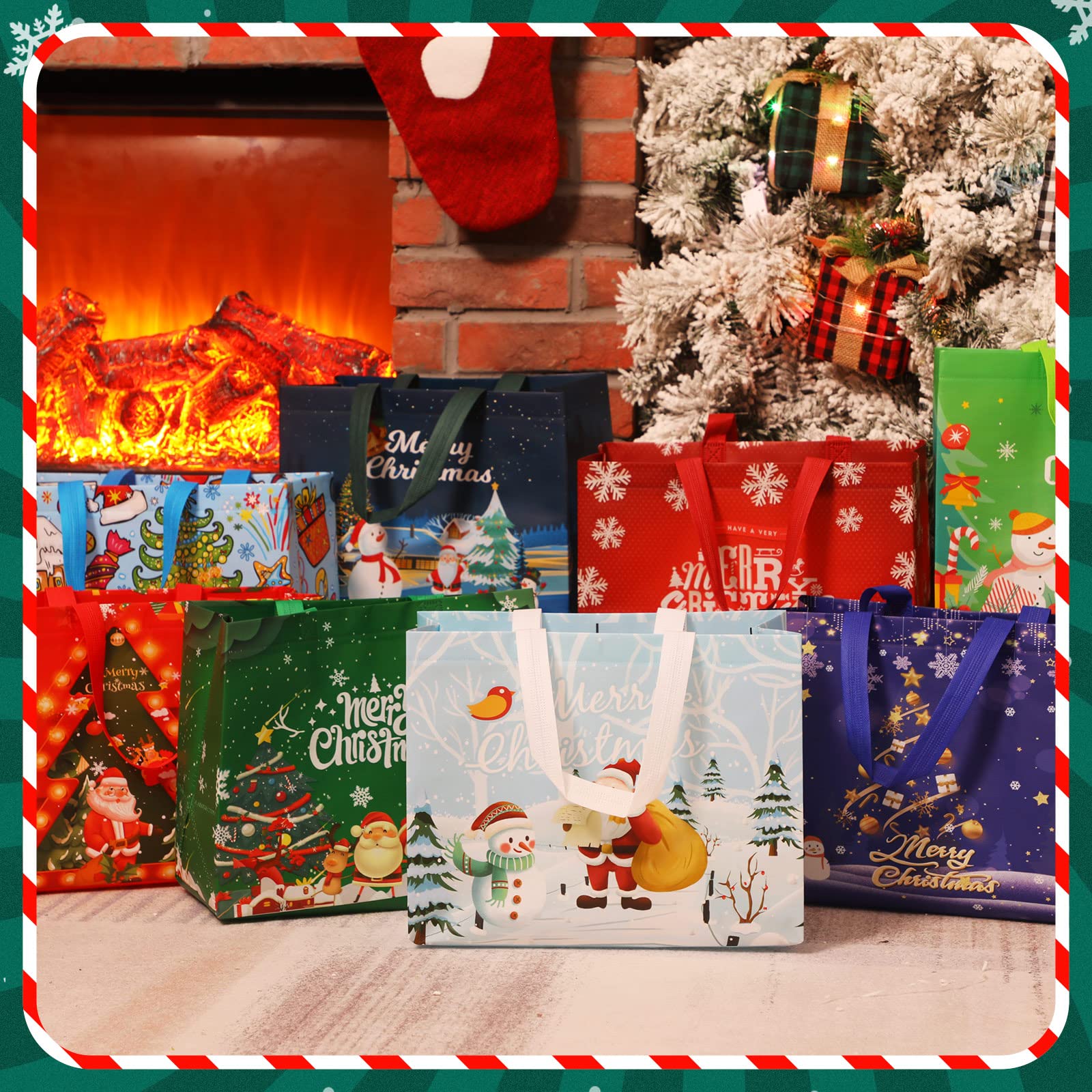 200 Pcs Christmas Gift Bags Bulk - Reusable Holiday Tote Bags with Handles for Xmas Presents, Party Favors & Grocery Shopping (Classic Style, Non-Woven Fabric)