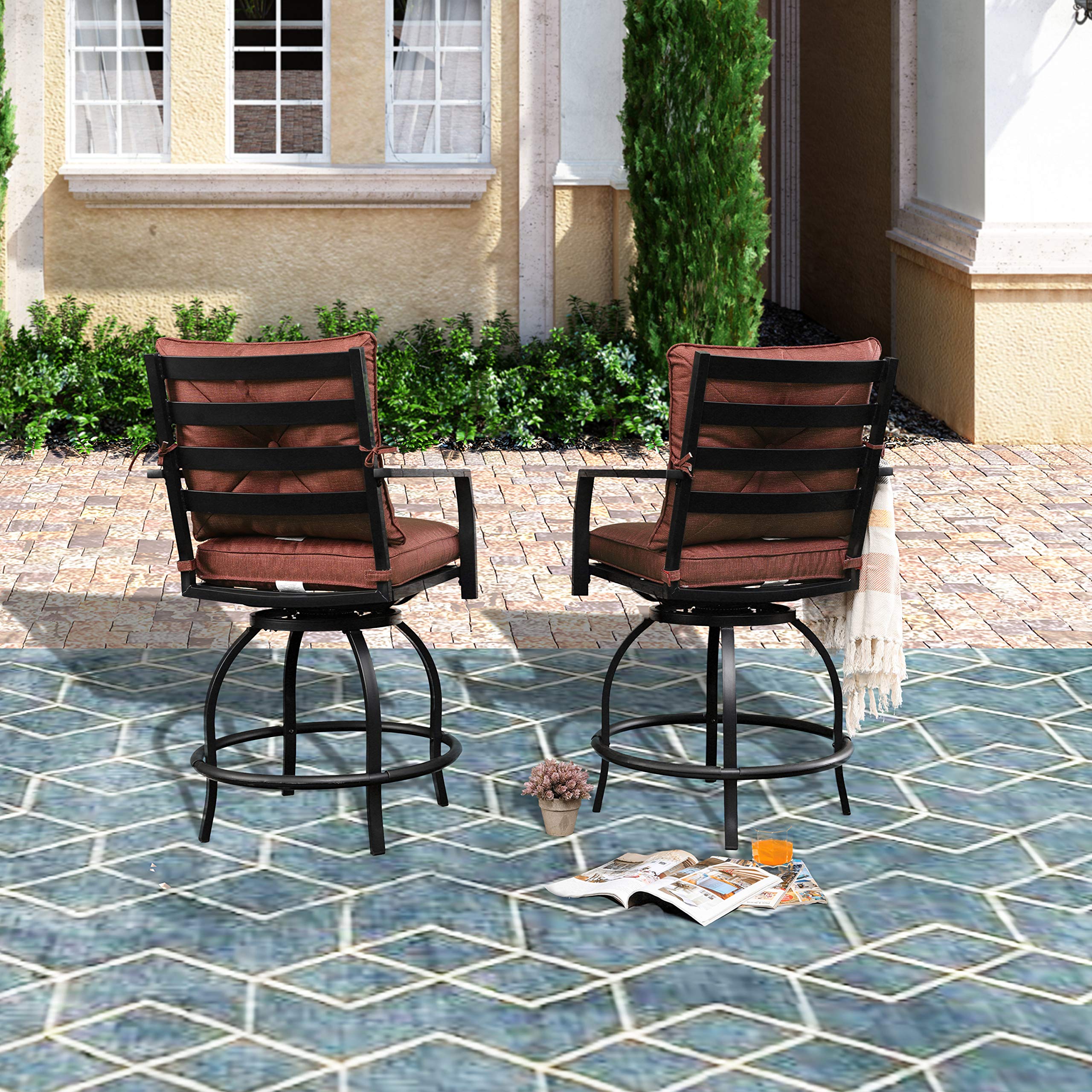Swivel Bar Stools Set of 2 - Patio Height Bistro Chairs with Armrests, All-Weather Steel Frame for Outdoor Dining & Conversation (Red) - Perfect for Backyard, Deck, Garden, and Poolside Use