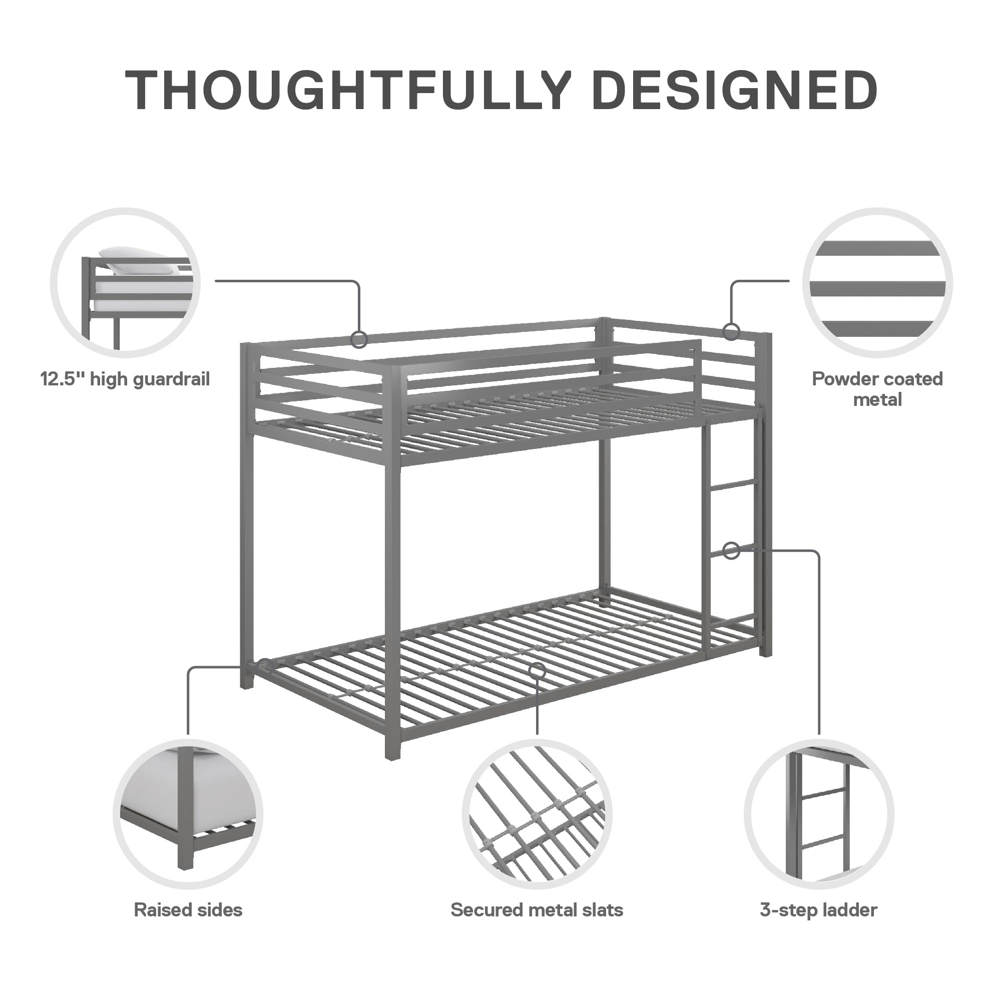 DHP Miles Low Metal Bunk Bed Frame for Kids - Twin Over Twin with Built-in Ladder & High Guardrail | Sturdy Metal Slats, No Box Spring Needed | Space-Saving Design for Small Rooms | Perfect for Kids' Bedrooms, Dormitories & Shared Spaces (Silver)