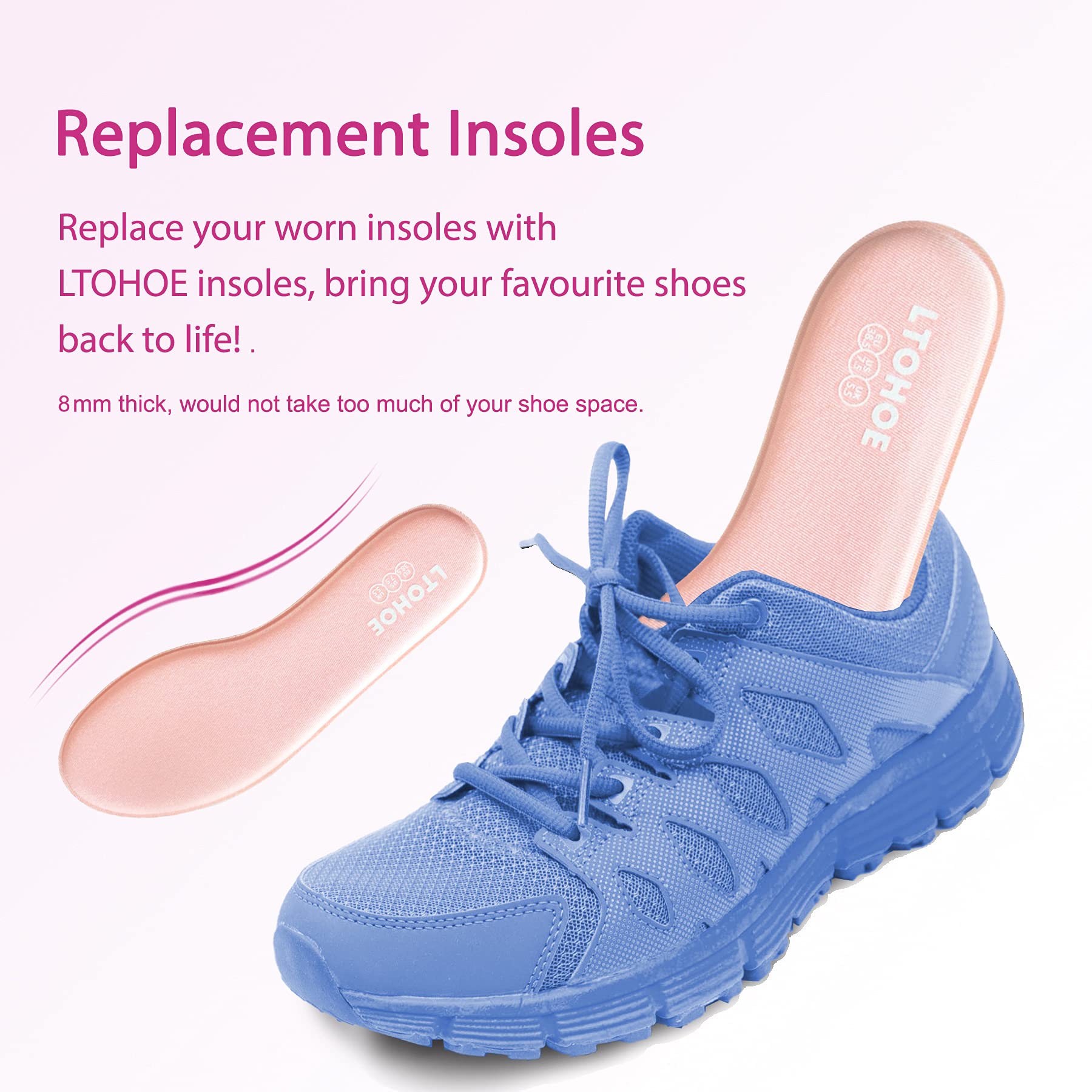LTOHOE Women's Memory Foam Insoles - 8mm Cushioned Shoe Inserts for Running, Hiking & Sneakers - Shock Absorbing Orthotic Insoles for Foot Pain Relief - Comfortable Inner Soles (Pink, US 7) - Perfect for Workouts, Walking & All-Day Comfort