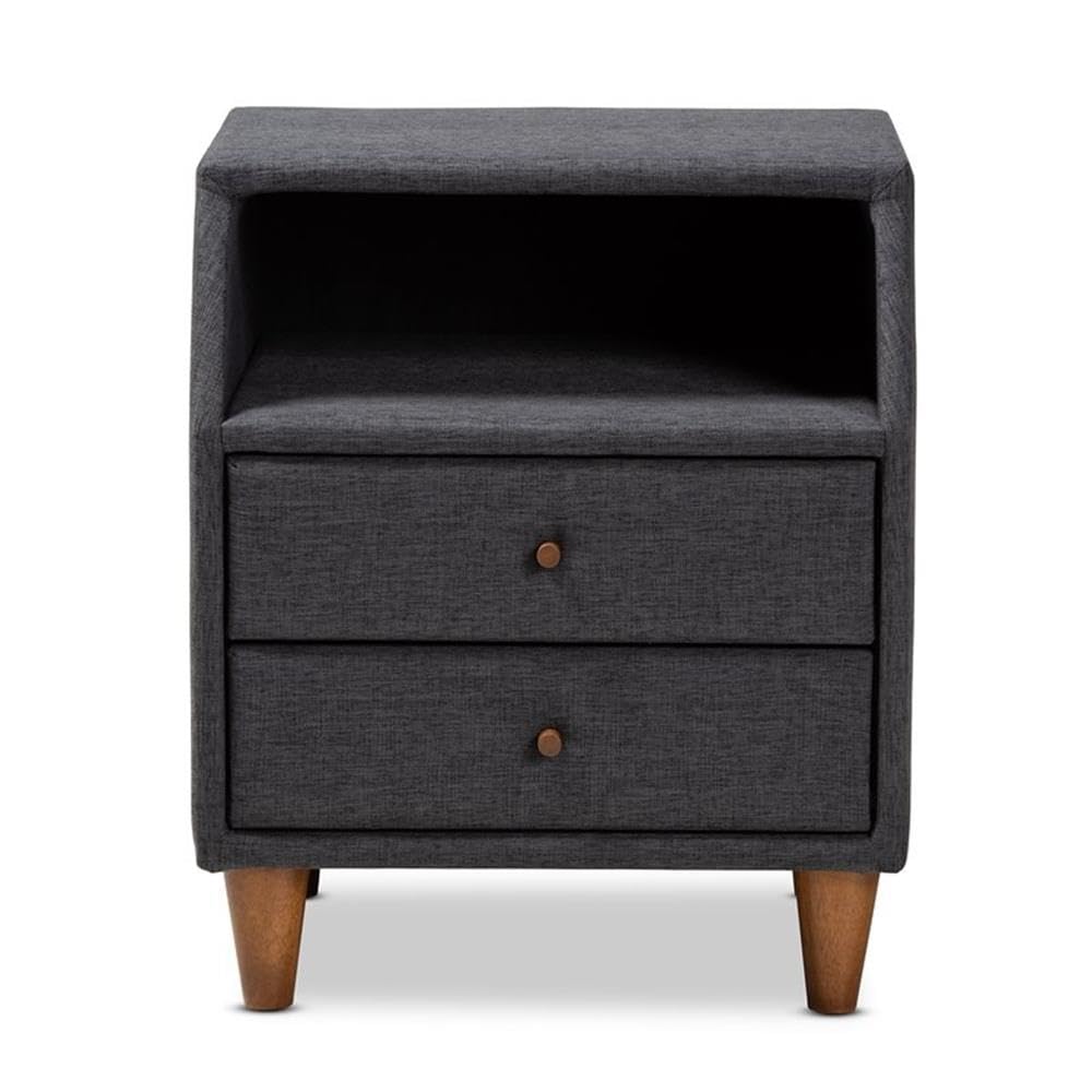 Baxton Studio Claverie Mid-Century Modern Nightstand - Charcoal Fabric Upholstered 2-Drawer Wood Bedside Table for Bedroom Furniture & Home Decor