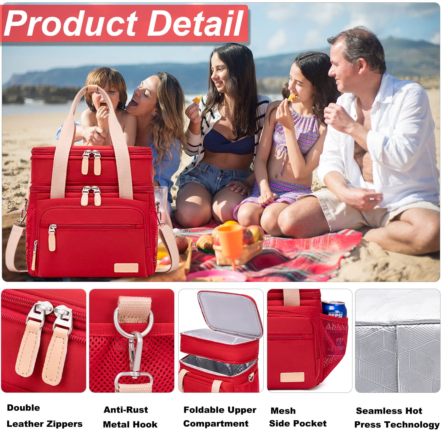 Weitars Insulated Lunch Bag for Women - Waterproof Reusable Large Lunch Box with Dual Compartment, Wide-Open Cooler Tote for Nurses, Office Work, Picnic & Hiking - 15L Capacity (Red) | Perfect for Meal Prep, Daily Commute & Outdoor Activities