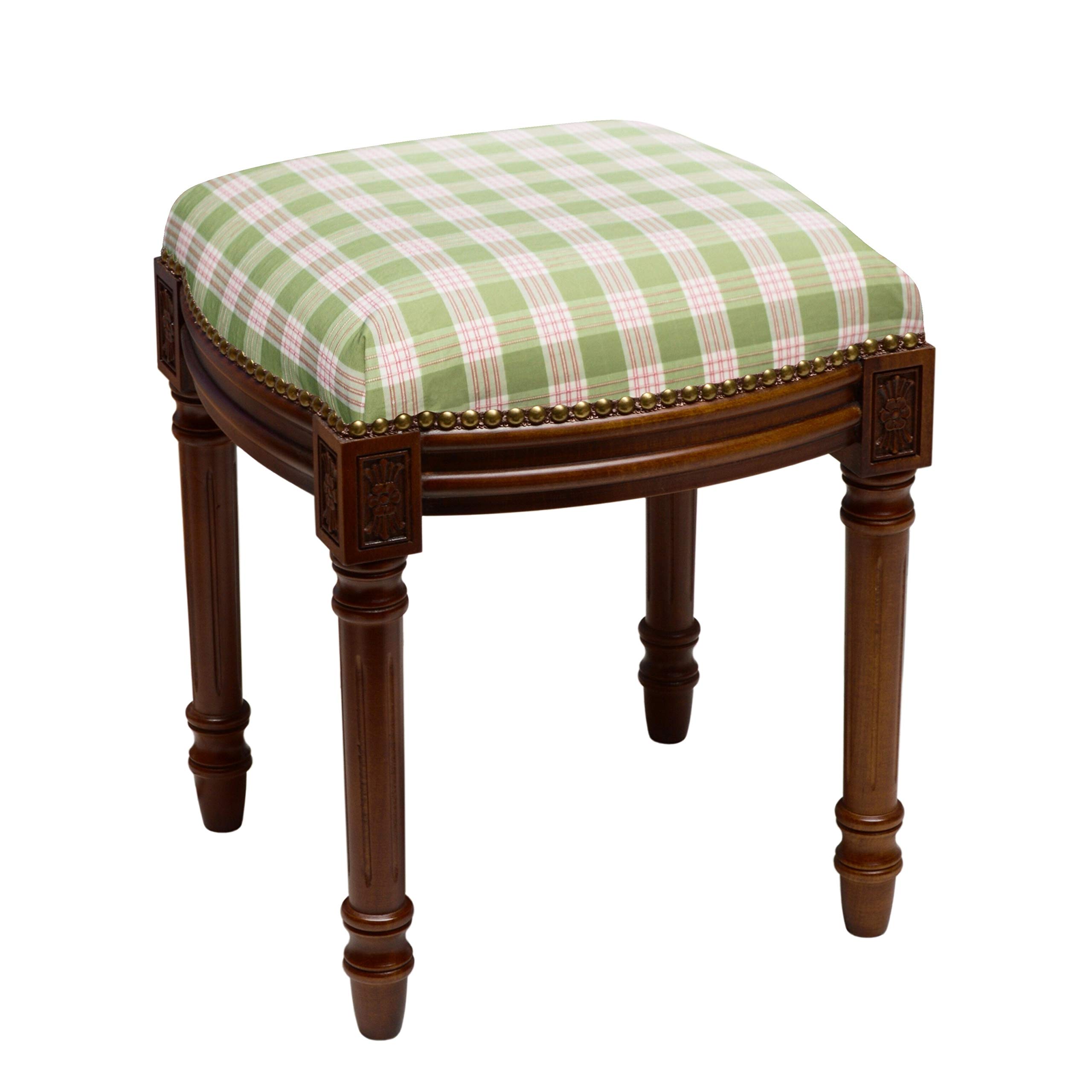 Green and Pink Plaid Vanity Stool with Rubberwood Frame & Chestnut Finish - Perfect for Bedroom, Dressing Room, and Makeup Area Decor