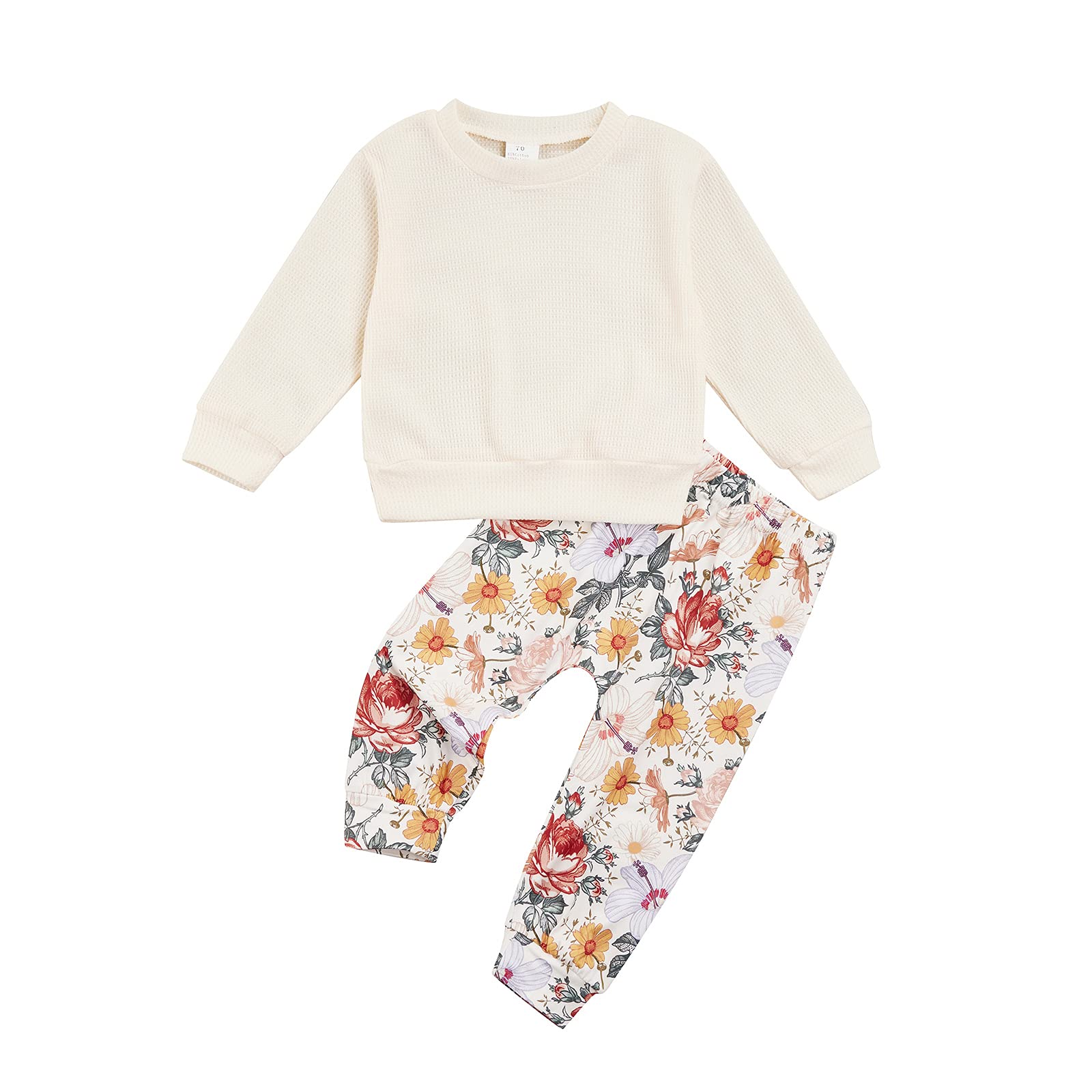 Baby Girls' Fall Winter Outfits - Long Sleeve Waffle Ribbed Pullover Sweatshirt & Floral Pants 2-Piece Set | Cozy Toddler Clothes for Playdates & Family Outings