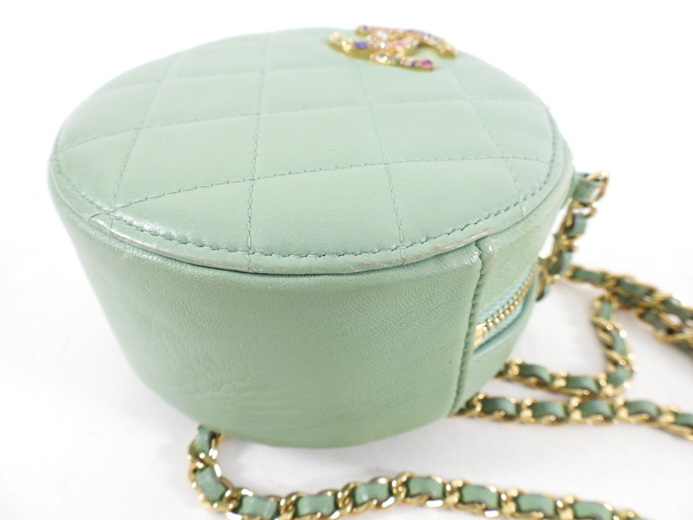Chanel Mint Green Quilted Leather CC Strass Mini Round Clutch Bag for Women | Luxury Designer Evening Bag for Parties, Weddings & Special Occasions