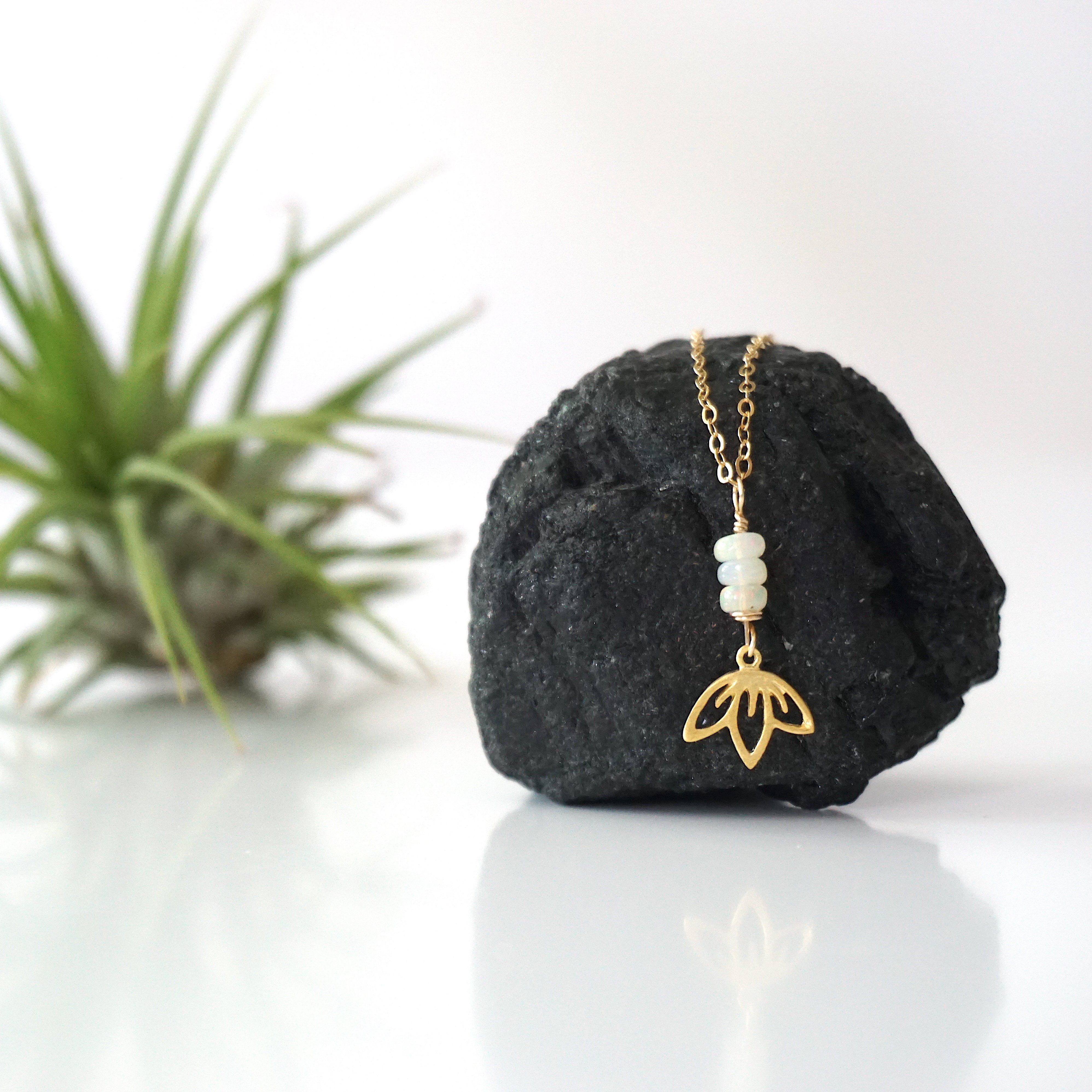 Fire Opal Necklace with 3 Bead Lotus Charm - 14K Gold Filled Jewelry for Women | Elegant Gift for Birthday, Anniversary & Special Occasions