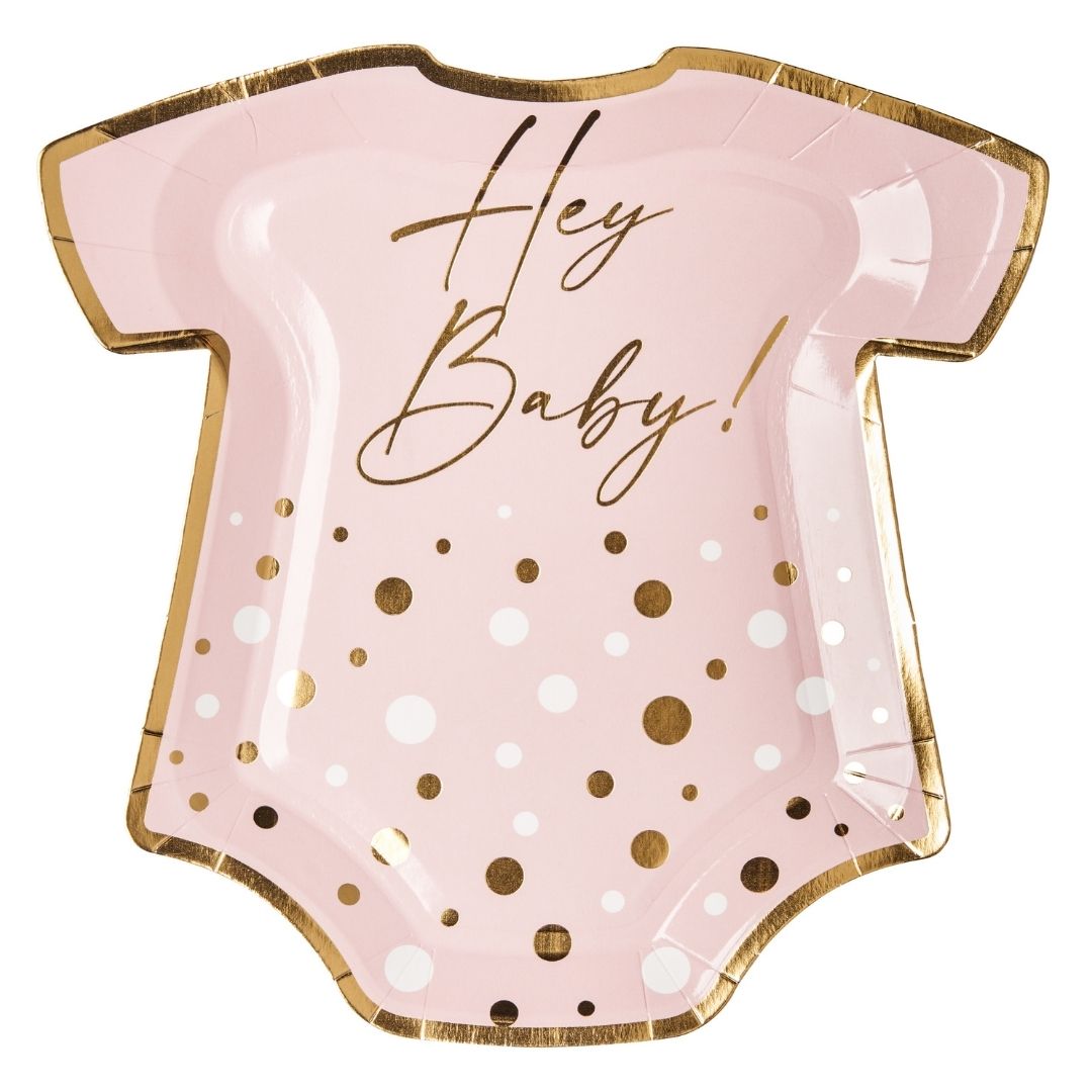 Hey Baby Pink Onesie Die-Cut Salad Plates - Set of 8 | Adorable Baby Shower & Birthday Party Tableware for Girls
