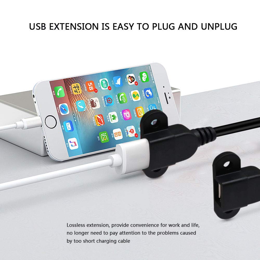 QiCheng&LYS 5ft USB 2.0 Male to Dual Female Extension Charger Cable - 2 Pack with Adapter for Nightstand, Sofa & Car Charging Port - Panel Mount with Screw Holes for Home, Office & Vehicle Use