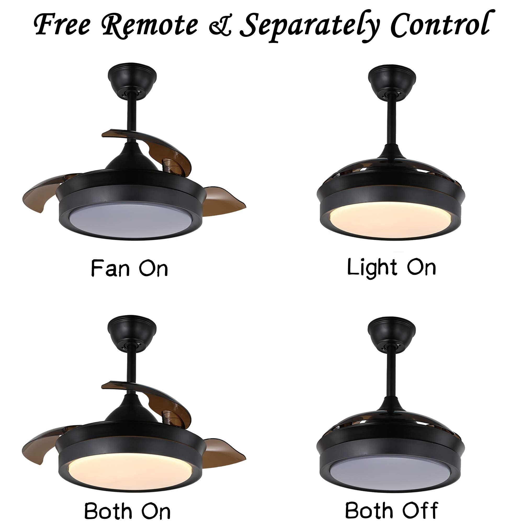 42 Inch Retractable Ceiling Fan with Lights and Remote Control - 3 Adjustable Blades, 3 Color Changing LED Lights, 4 Timer Settings, Ultra Quiet Motor, Modern Black Design for Living Room, Bedroom, and Outdoor Patio