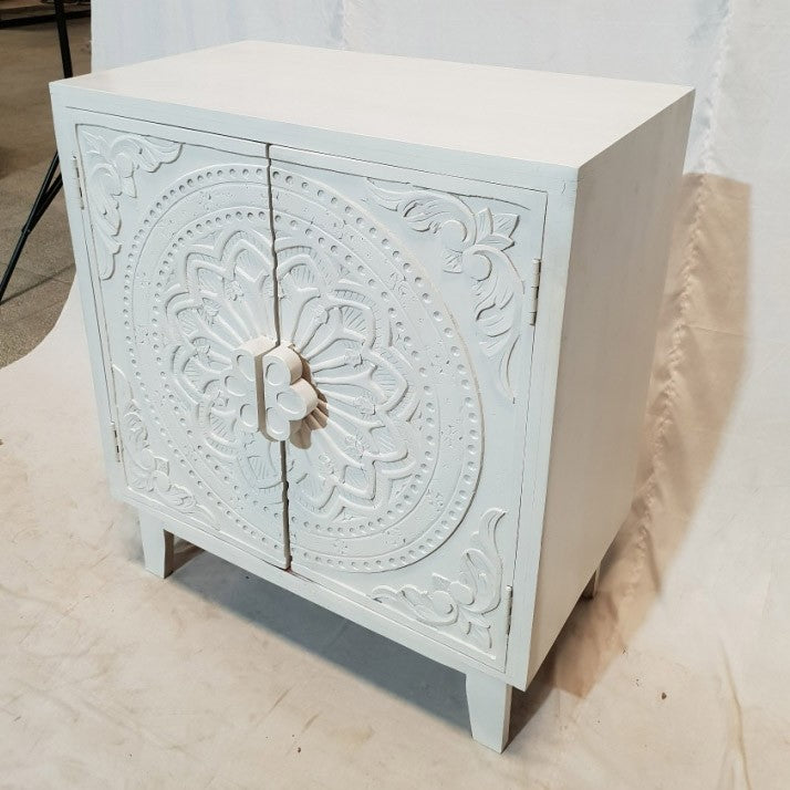 French Hand Carved Buffet Cabinet Sideboard - White Distressed Finish, 81x46x92cm - Vintage Dining Room Storage & Kitchen Buffet for Entertaining