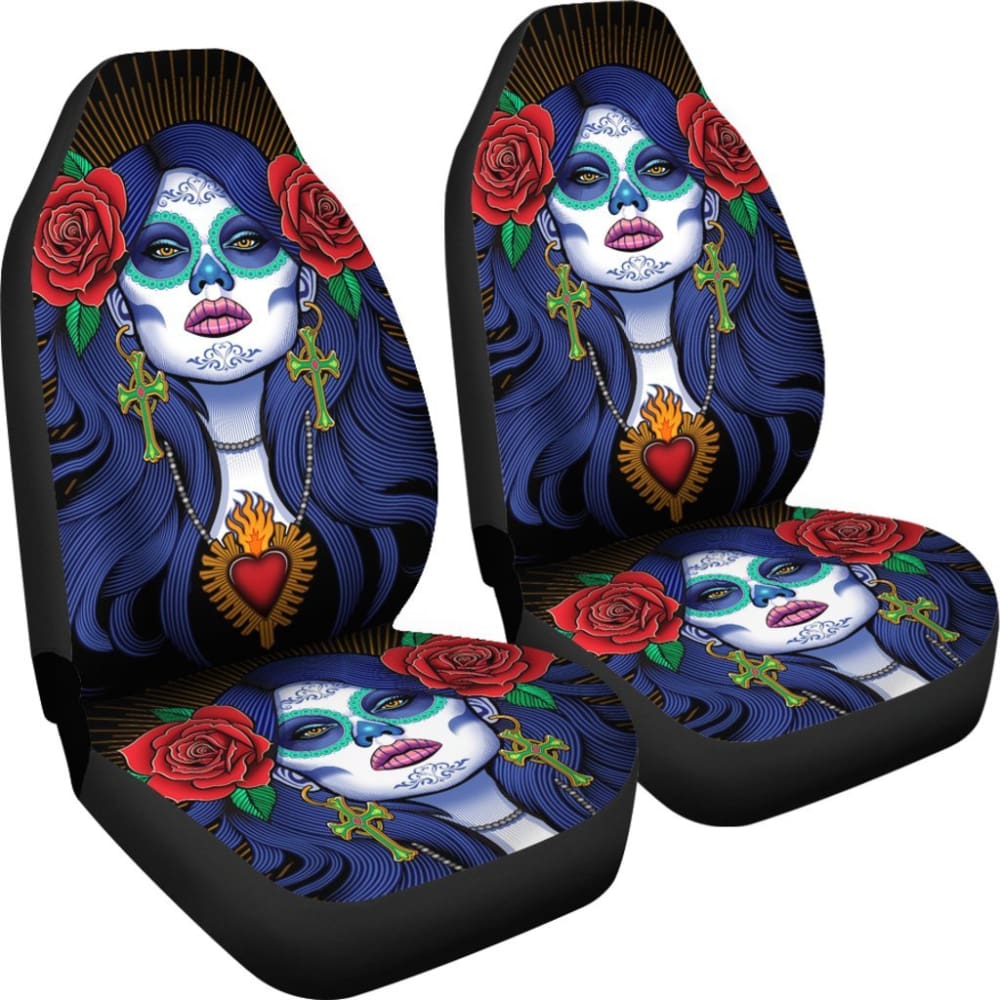2 Pcs Sugar Skull Girl Car Seat Covers - Gothic Floral Design Universal Fit for Most Vehicles - Perfect for Halloween, Dia de Los Muertos & Car Decor