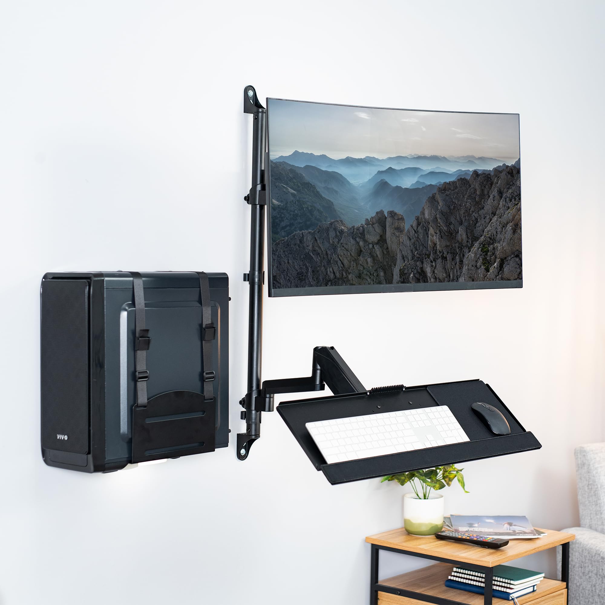VIVO Black Sit-Stand Height Adjustable Pneumatic Spring Arm Monitor Mount for 1 Screen up to 32 inches - Ergonomic Keyboard & CPU Wall Mount - Perfect for Home Office, Gaming Setup & Workspace Organization