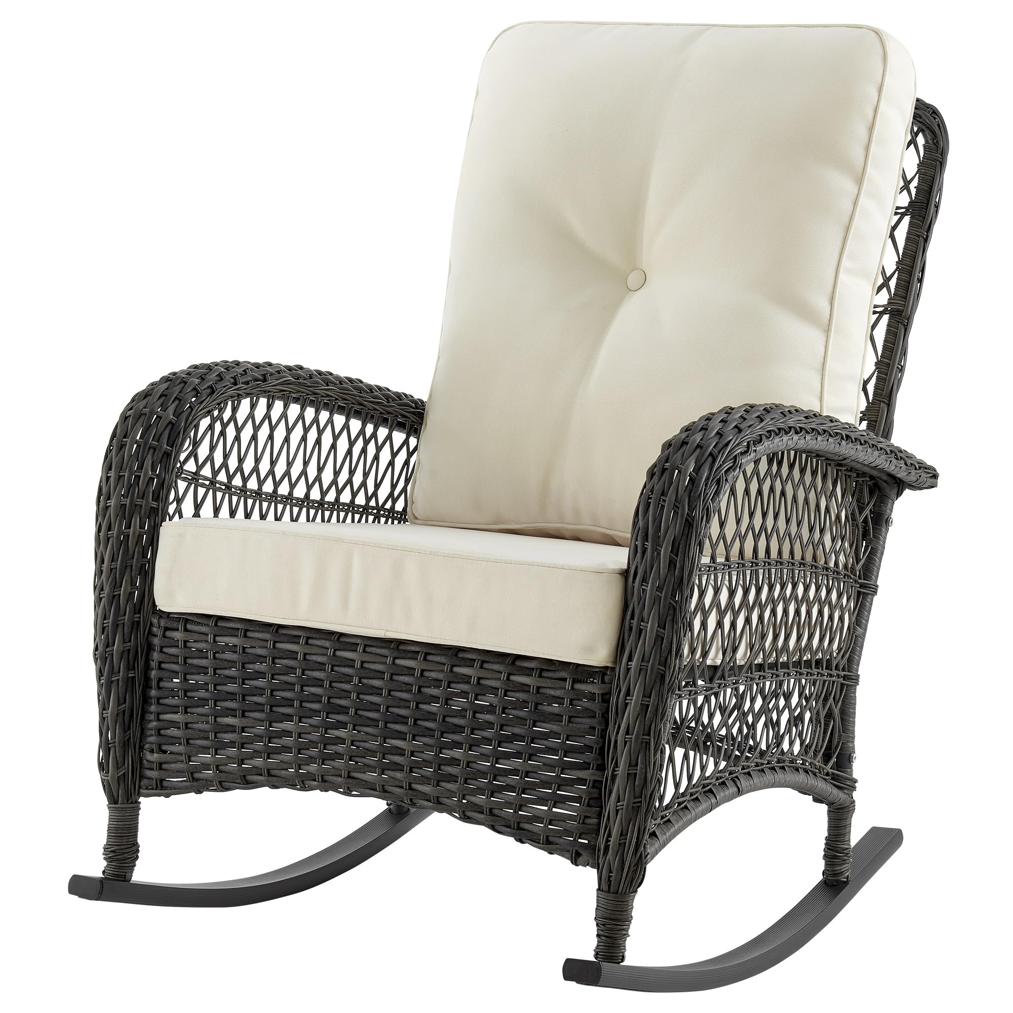 Premium Steel Rattan Outdoor Rocking Chair with Removable Waterproof Cushions - Weather-Resistant Patio Rocker with Curved Edge & Sturdy Frame (Cream) - Perfect for Garden, Porch, Poolside & Backyard Relaxation