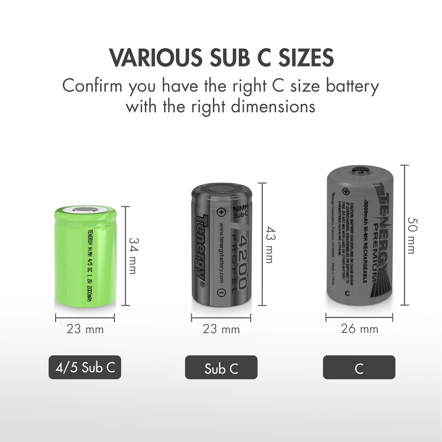 Tenergy 4/5 SubC 2000mAh NiMH Rechargeable Batteries 50 Pack - Flat Top High Capacity Batteries for RC Cars, Robotics, and Industrial Equipment