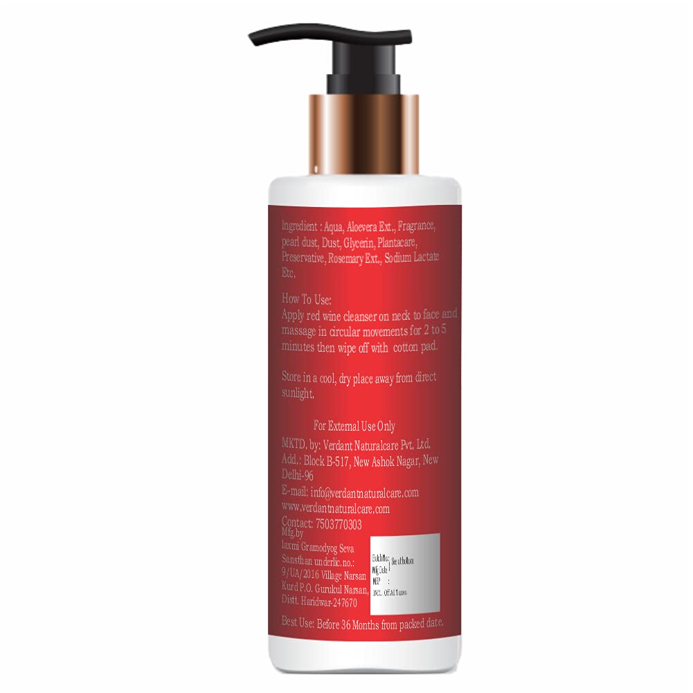 Verdant Natural Care Red Wine Face Cleanser (200ml) - Anti-Aging, Brightening & Dark Spot Treatment - Sulfate & Paraben Free - Gentle Daily Cleanser for Glowing Skin at Home or Travel