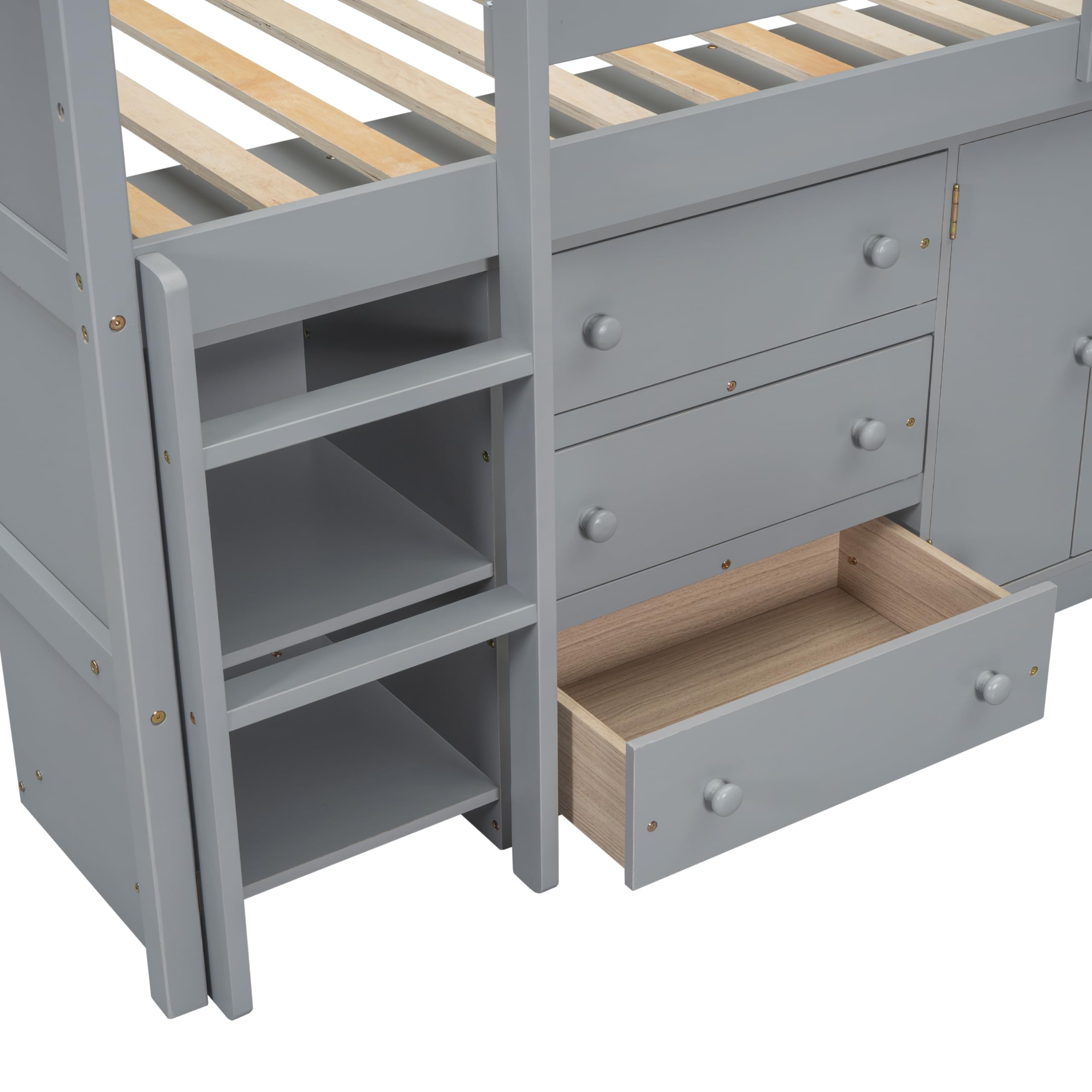 SOFTSEA Twin Size Low Loft Bed with Pull-Out Desk, Drawers, Cabinet & Shelves - Sturdy Wood Frame with Support Slats - Space-Saving Gray Loft Bed for Kids & Teens - Perfect for Small Bedrooms, Dorms & Studio Apartments