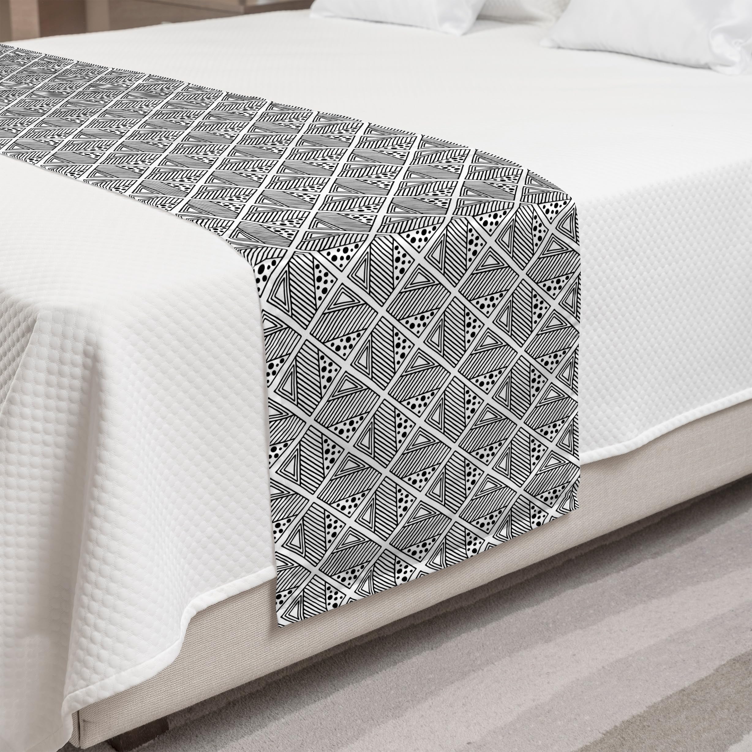 Ambesonne Abstract Bed Runner - Boho Style Tribal Geometric Design with Squares, Circles & Triangles - Modern Decorative Accent Bedding Scarf for Hotels, Homes & Guest Rooms in Charcoal Grey & White - Perfect for Bohemian Bedroom Decor & Guest Room Styling