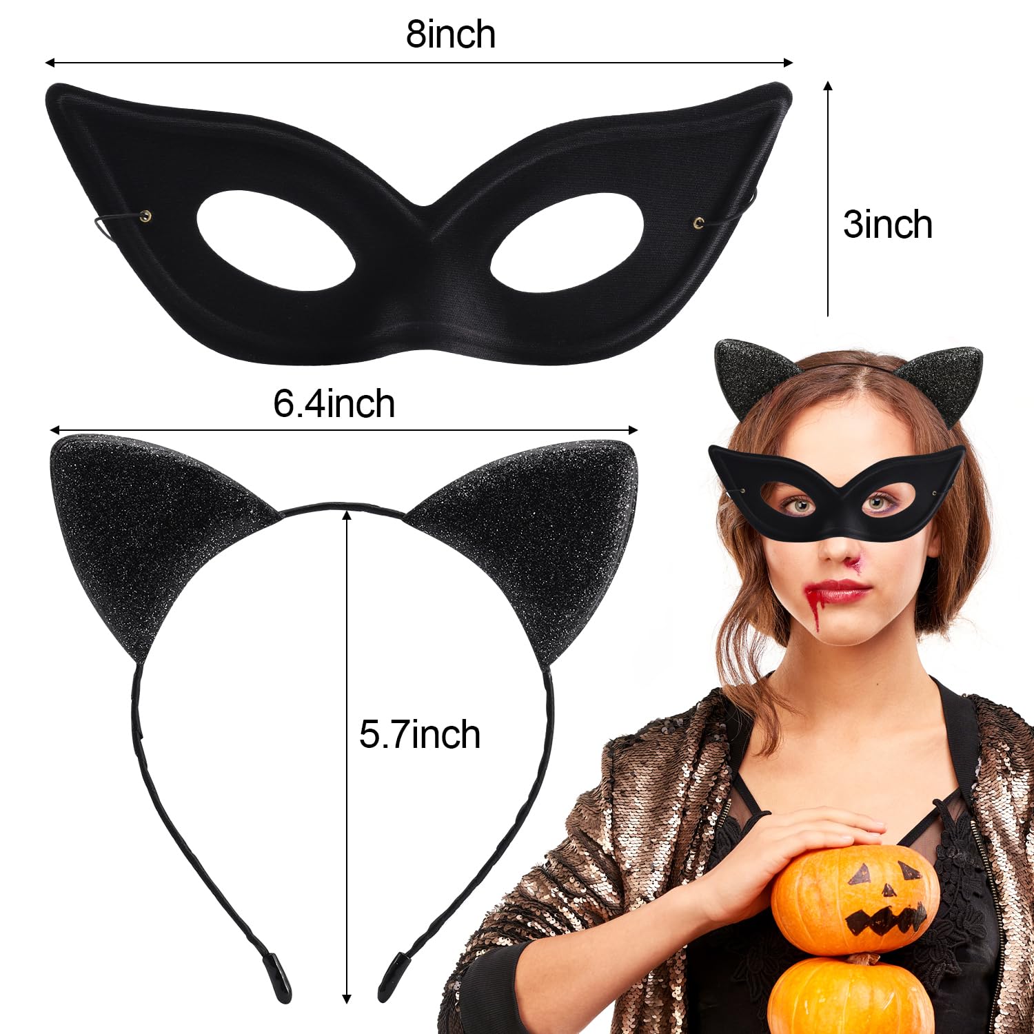 Sparkly Cat Ear Headband with Matching Face Mask - Glitter Kitty Ears Hairband for Halloween Costume & Cosplay - Perfect for Parties, Dress-Up, and TikTok Videos