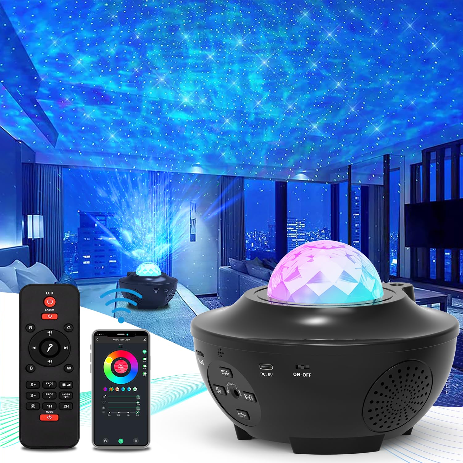 Galaxy Projector with Ocean Wave Light & White Noise - Bluetooth Speaker, Timer, Remote Control for Kids & Adults - Perfect for Bedroom Decor, Relaxation, Meditation & Night Light Ambiance