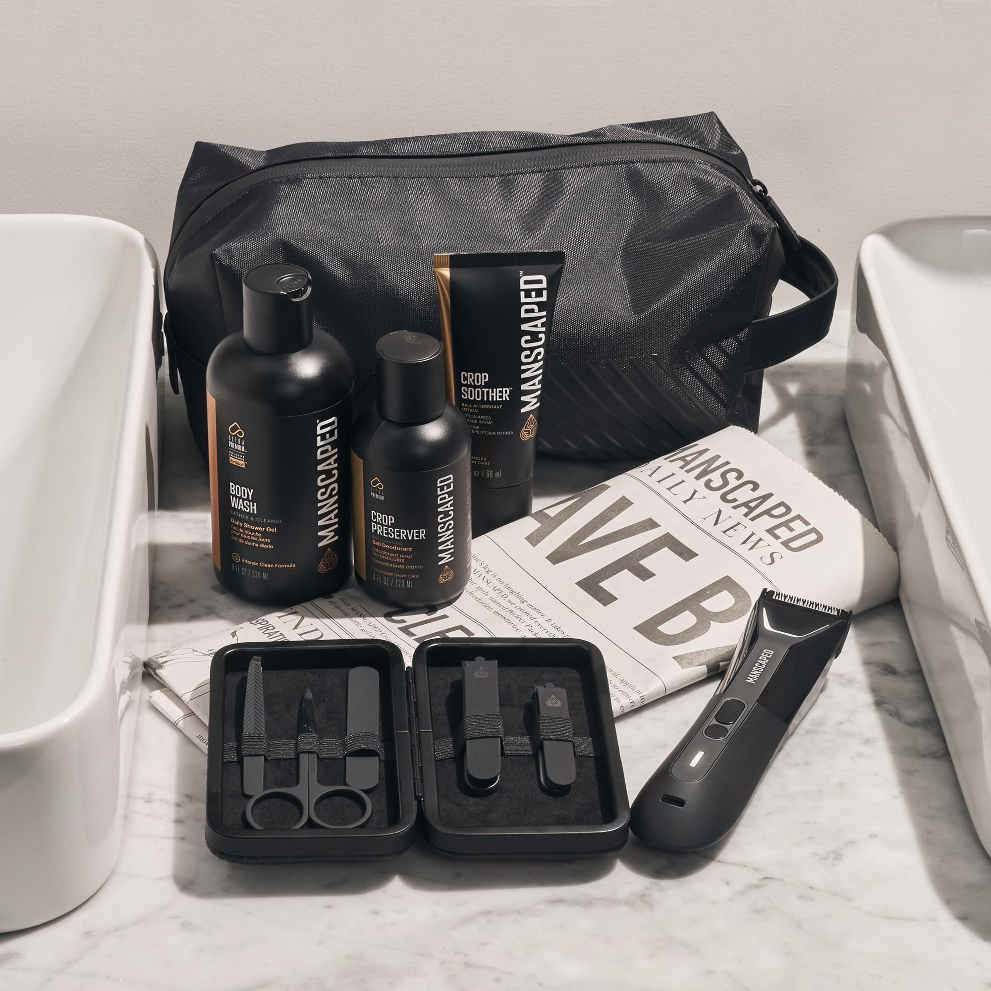 MANSCAPED® The Premier Package 5.0 Ultra - Lawn Mower® 5.0 Ultra Men's Body & Groin Trimmer with Shears 3.0, Crop Preserver® Ball Deodorant, Refined® Body Wash & Crop Soother™ - Complete Grooming Kit for Men | Perfect for Travel, Gym & Daily Personal Care