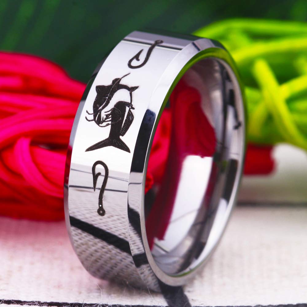 CLOUD DANCER Silver Tungsten Ring for Men - Catfish Design Wedding Band, Engravable Promise Ring - Durable & Scratch-Resistant Jewelry for Grooms, Anniversaries & Outdoor Enthusiasts