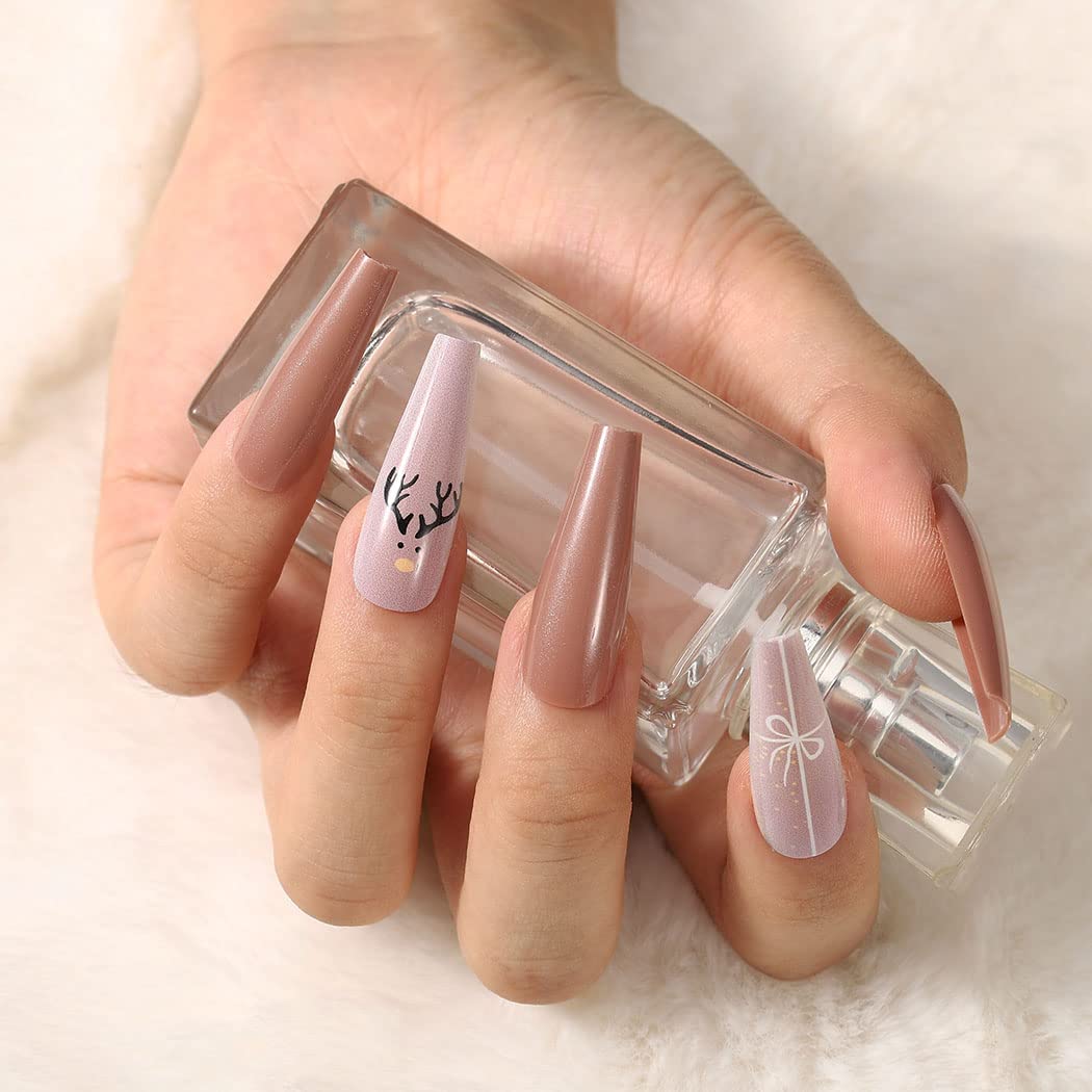 Extra Long Press on Nails - Christmas Snowflake Red Elk Ballerina Glossy Acrylic Fake Nails for Women | 30PCS Full Cover False Nails Tips | Perfect for Holiday Parties, Gift Giving & Festive Nail Art