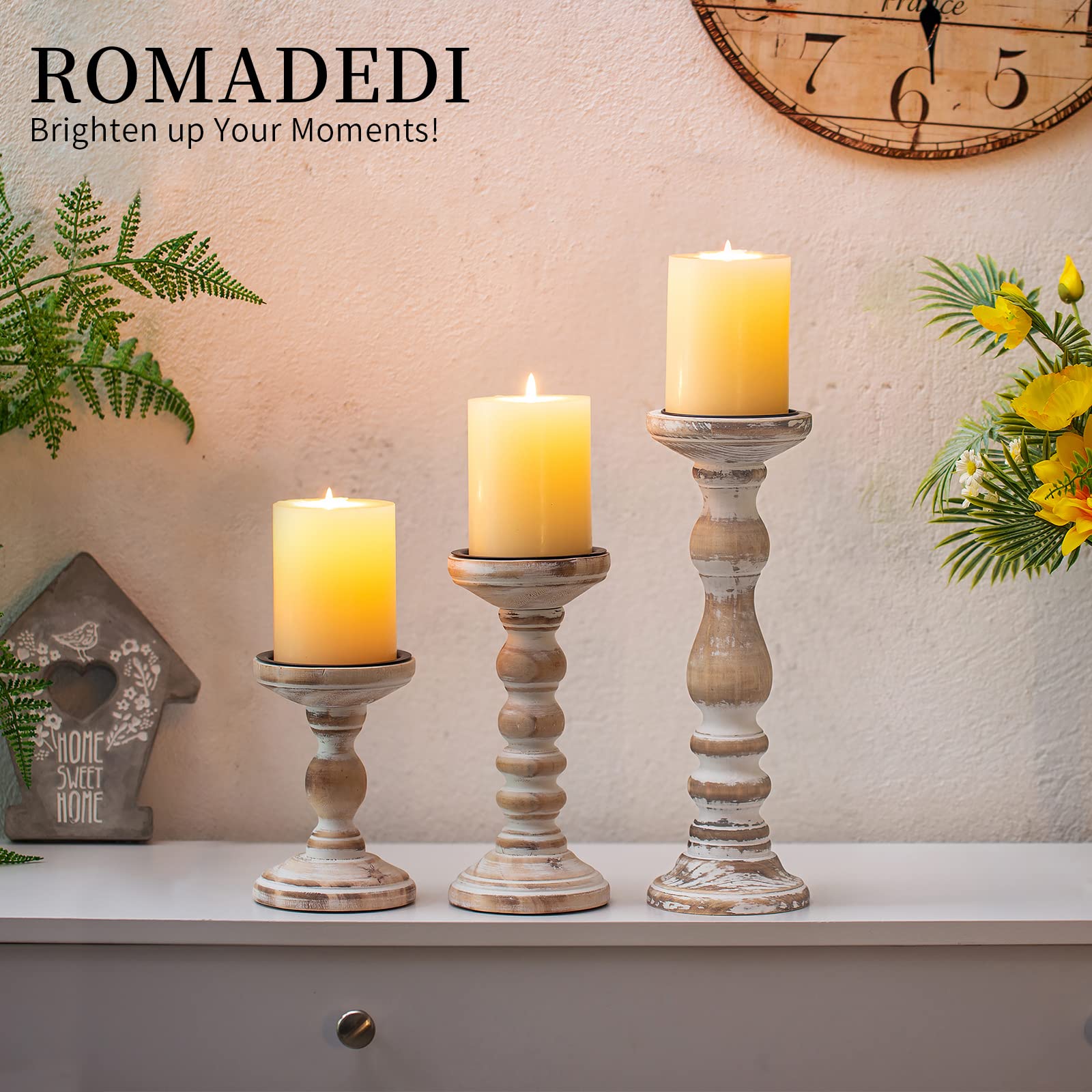 Romadedi Set of 3 Wooden Candle Holders for Pillar Candles - Rustic Farmhouse Style Candlestick Stand (6”, 8.3”, 12”) - Whitewashed Wood Candle Stand for Fireplace, Mantle, End Table, Shelf - Perfect for Home Decor, Wedding Centerpieces & Cozy Ambiance