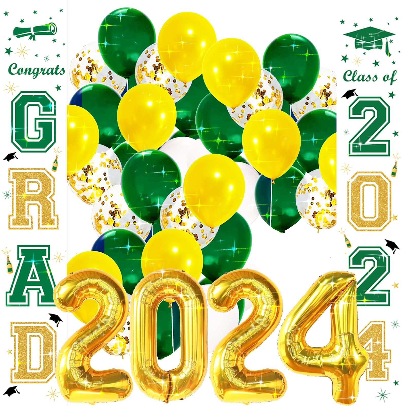 2024 Graduation Party Decorations - Green & Gold Balloons, Banners, Yard Signs for Class of 2024 | Perfect for Graduation Ceremonies, Backyard Parties & Photo Backdrops