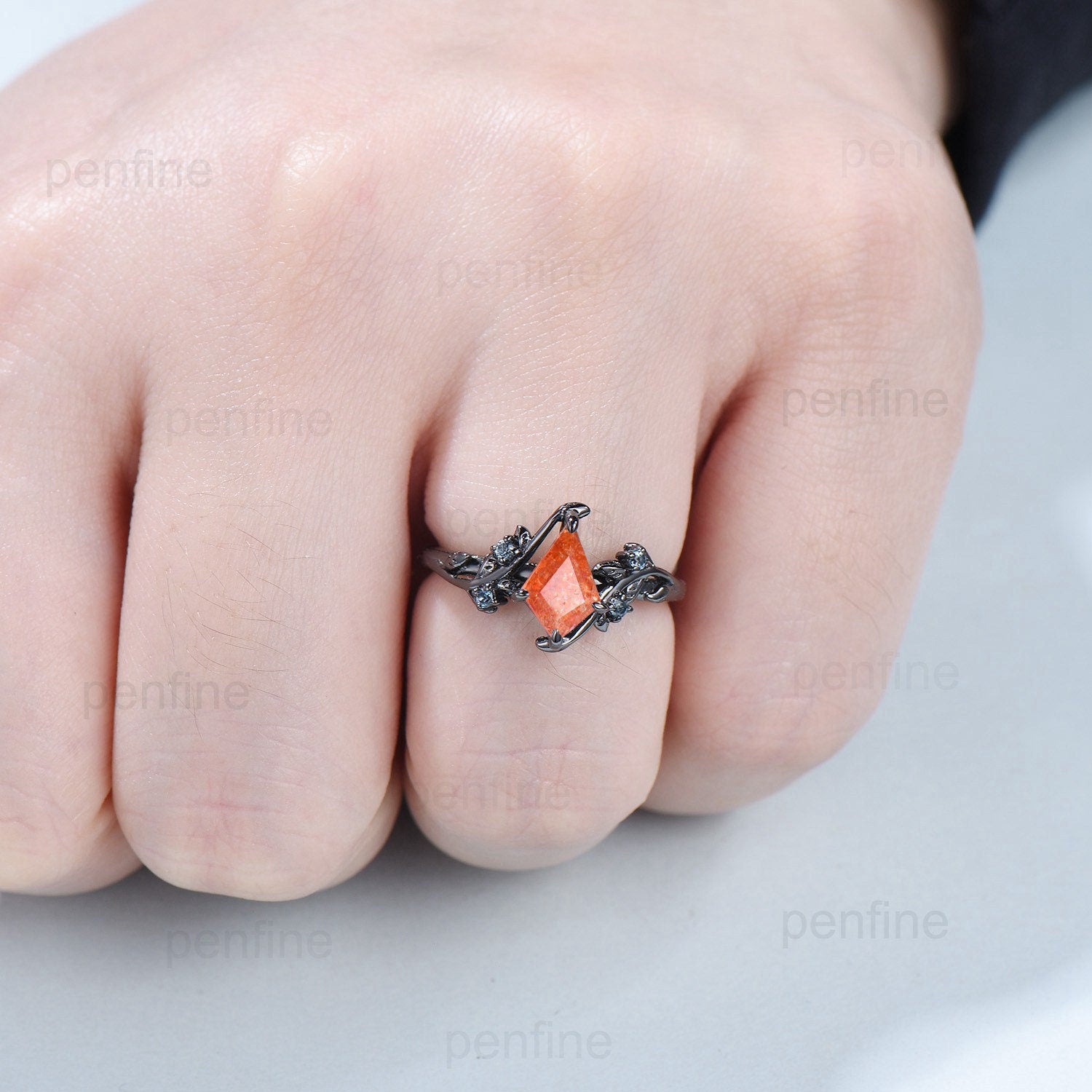 1 Carat Kite Cut Black Gold Sunstone Ring - Vintage Natural Leaf Vine Engagement Ring, Handmade Branch Wedding Band - Perfect for Proposal Gifts, Anniversary & Boho Chic Jewelry Collection