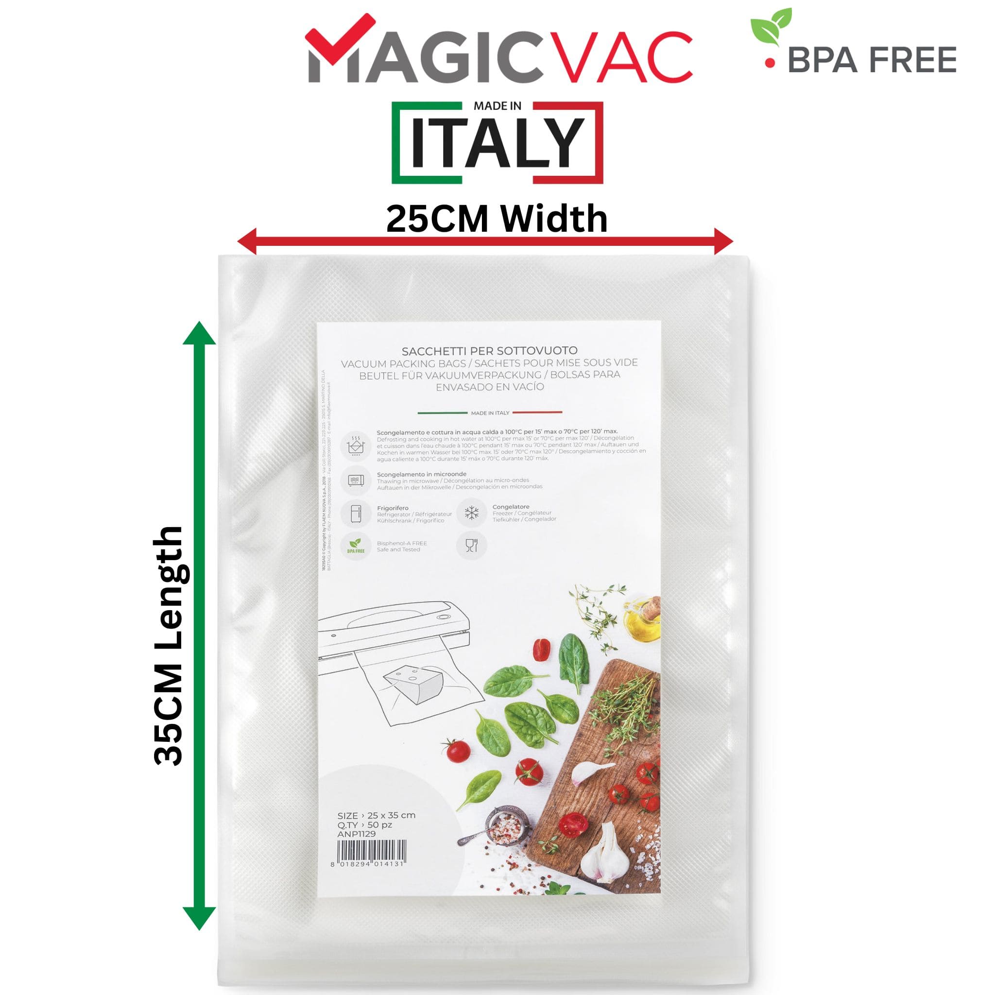 Premium Magic Vac Vacuum Sealer Bags 25x35cm (10x14 Inches) - 50 Pack - BPA Free Food Storage Bags - Made in Italy - Perfect for Sous Vide, Meal Prep & Freezer Organization