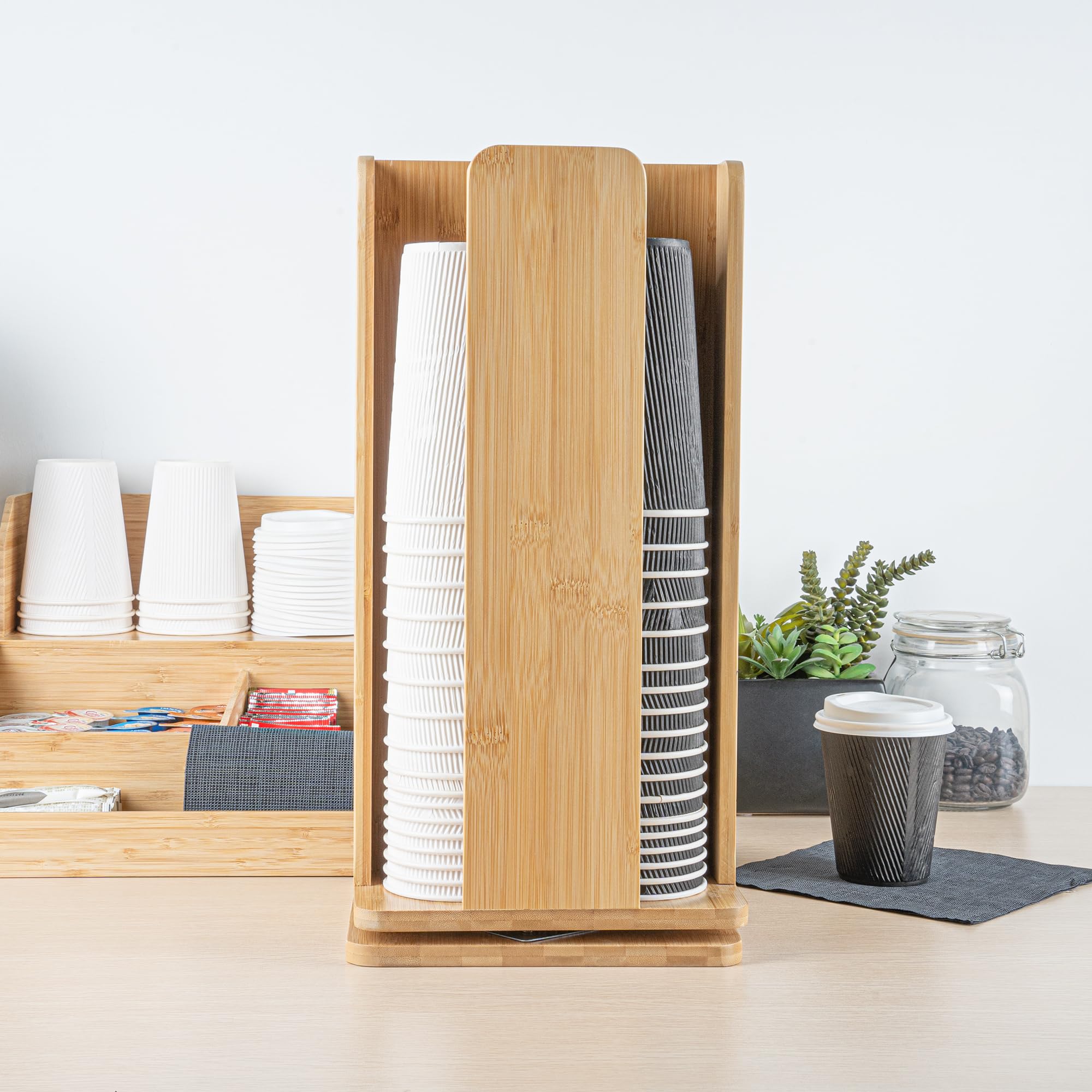 Restaurantware Restpresso 9 x 18 Inch Coffee Cup and Lid Organizer - 4-Section Revolving Bamboo Cup Holder for Restaurants, Homes & Offices | Space-Saving Countertop Solution for Coffee Shops, Break Rooms & Cafés