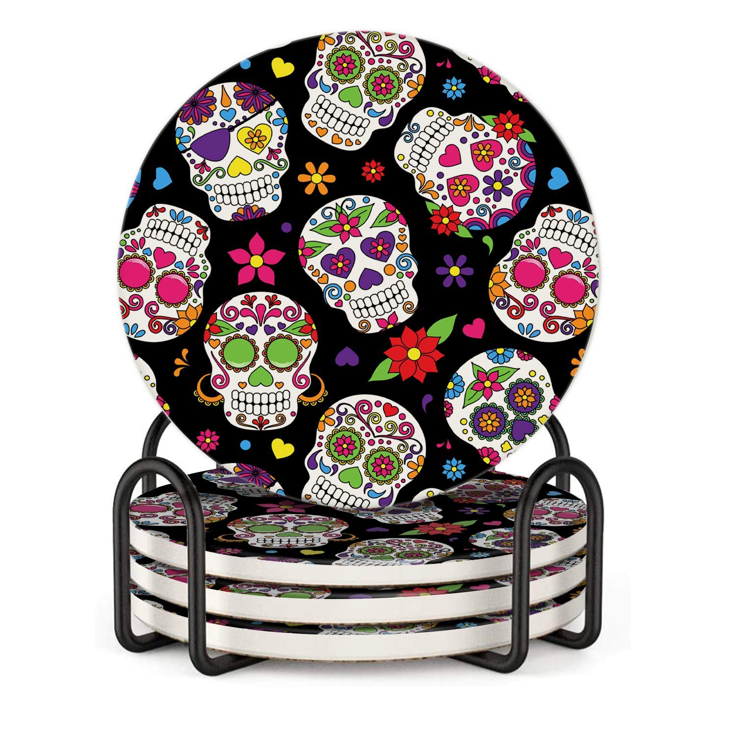 Absorbent Drink Coasters Set of 4 (4x4 Inches) - Sugar Skull Floral Design - Perfect Housewarming Gifts, Wedding Registry, Home Decor & Hostess Presents - Ideal for Coffee Tables, Bars, and Kitchen Use