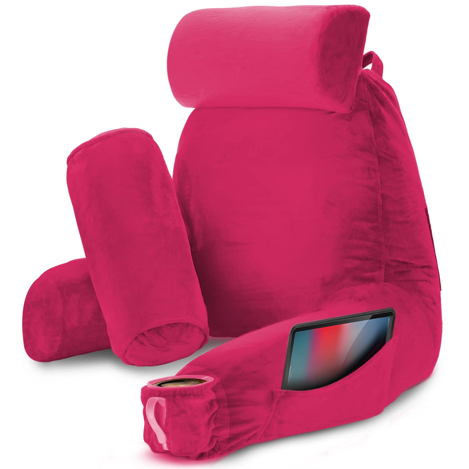 **Nestl Reading Pillow - Large Shredded Memory Foam Back Support Pillow for Sitting in Bed, Reading, or Relaxing - Hot Pink Bed Chair Pillow with Pockets - Perfect for Reading, Watching TV, or Lounging in Bed**