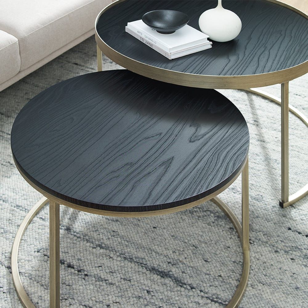Criterion Black Oak Nested Coffee Table with Distressed Gold Metal Frame - Perfect for Living Room, Lounge, and Office Decor
