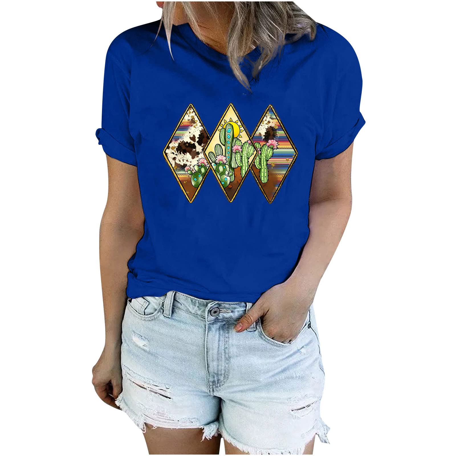 Women's Summer Casual Half Sleeve T-Shirt - Cactus Graphic Pullover Top | Solid Color Blouse for Beach, Vacation & Everyday Wear